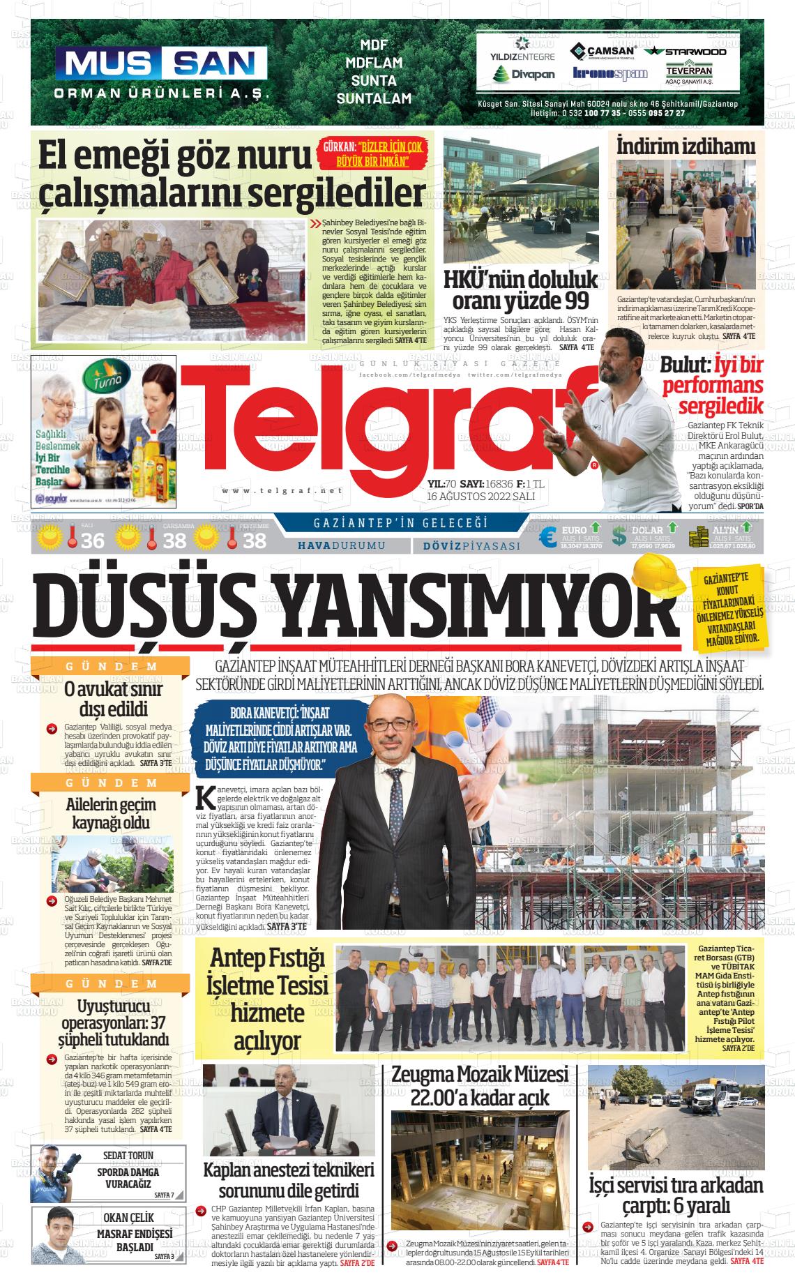 16 Ağustos 2022 Telgraf Gazete Manşeti