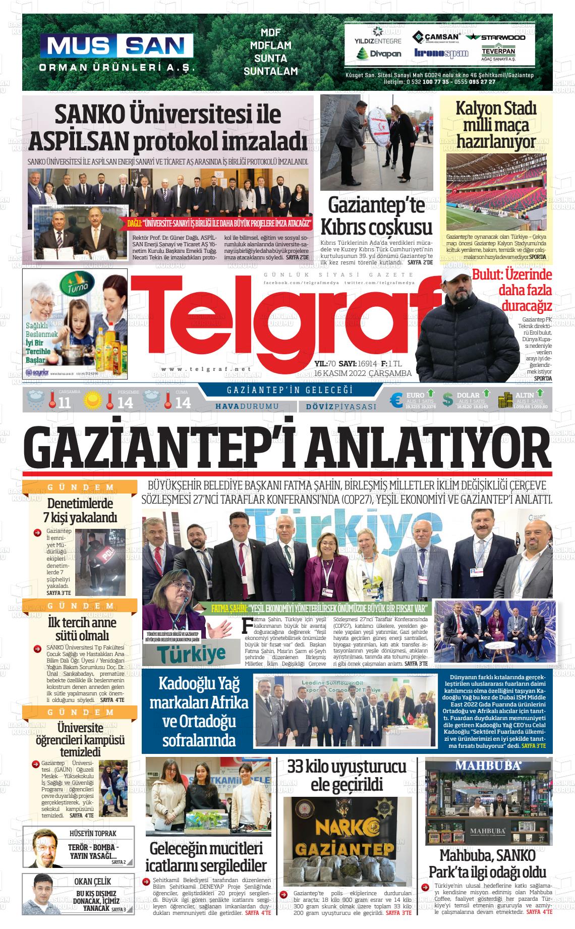 16 Kasım 2022 Telgraf Gazete Manşeti