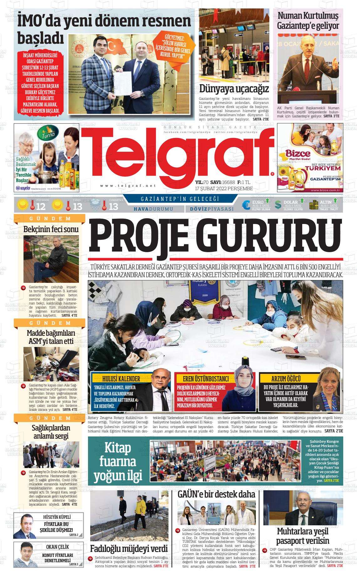 17 Şubat 2022 Telgraf Gazete Manşeti