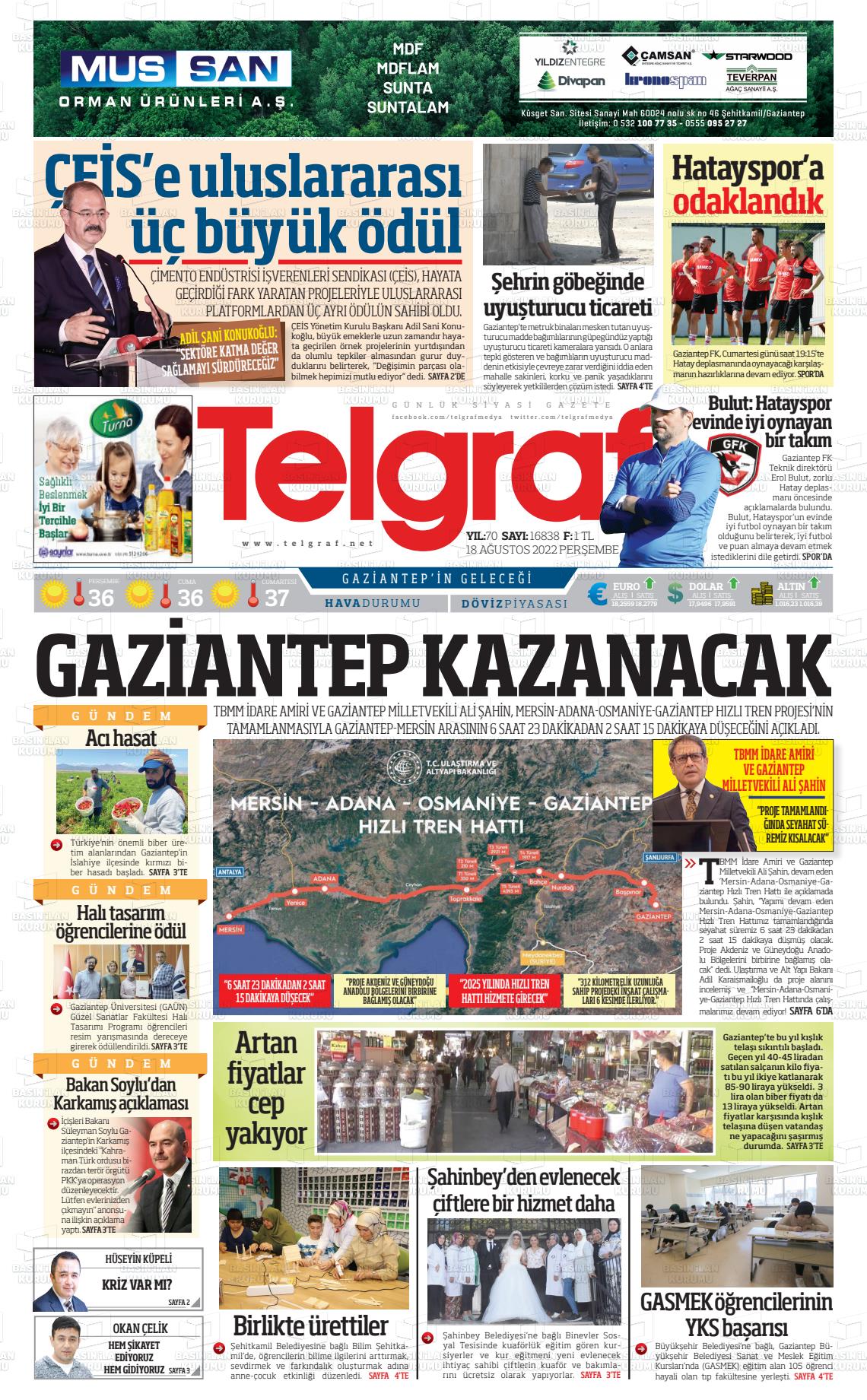 18 Ağustos 2022 Telgraf Gazete Manşeti