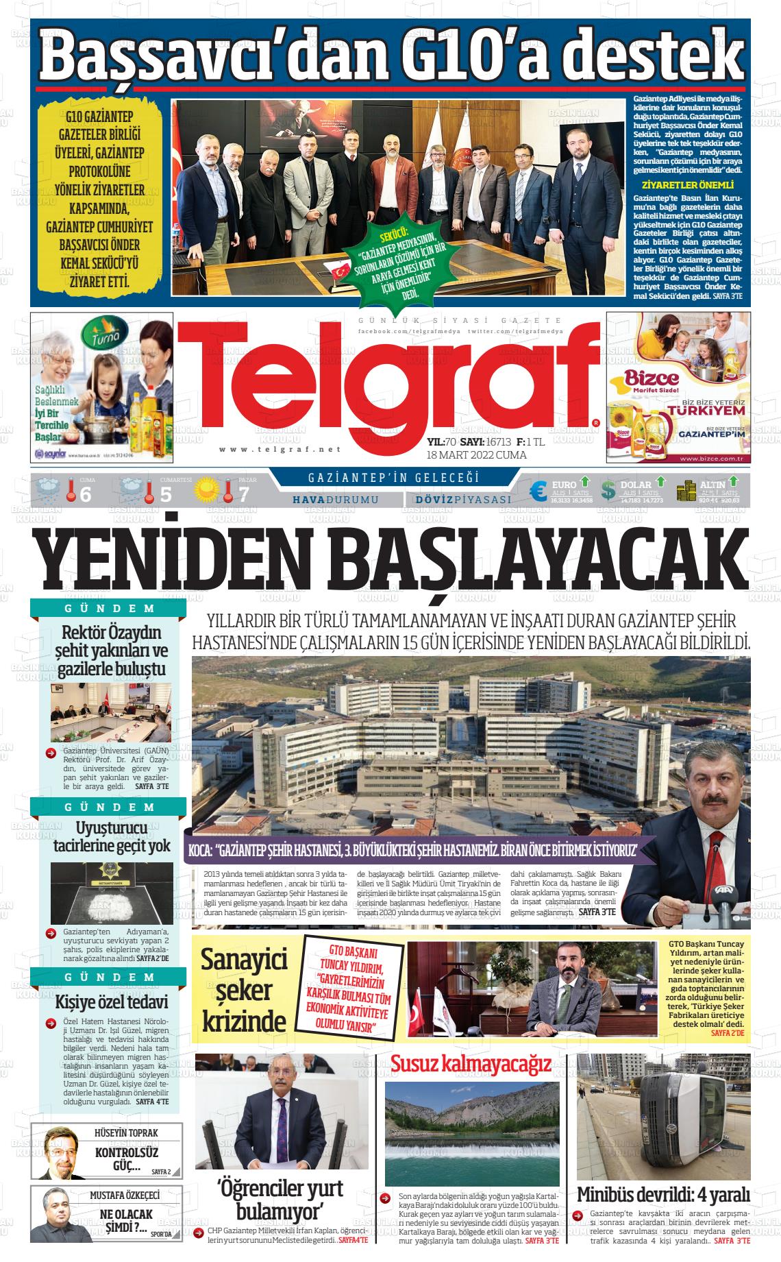 18 Mart 2022 Telgraf Gazete Manşeti