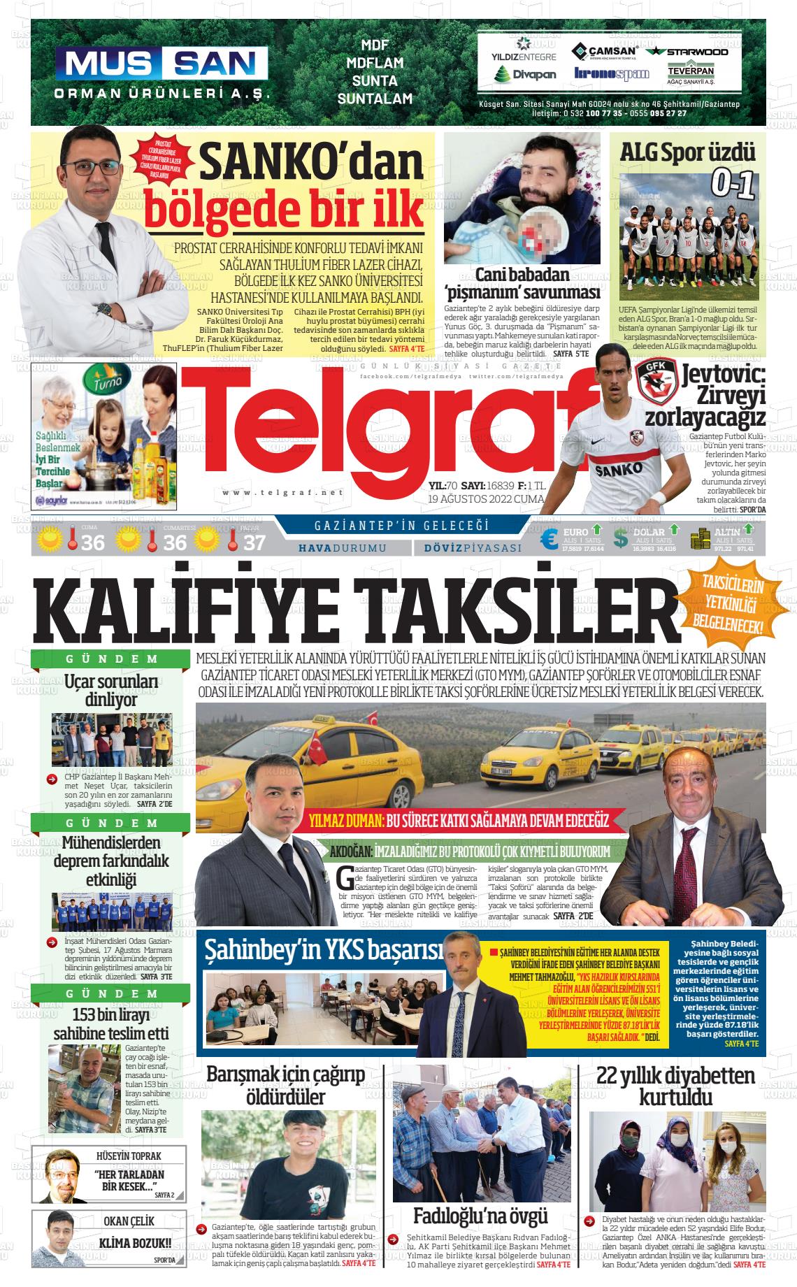 19 Ağustos 2022 Telgraf Gazete Manşeti