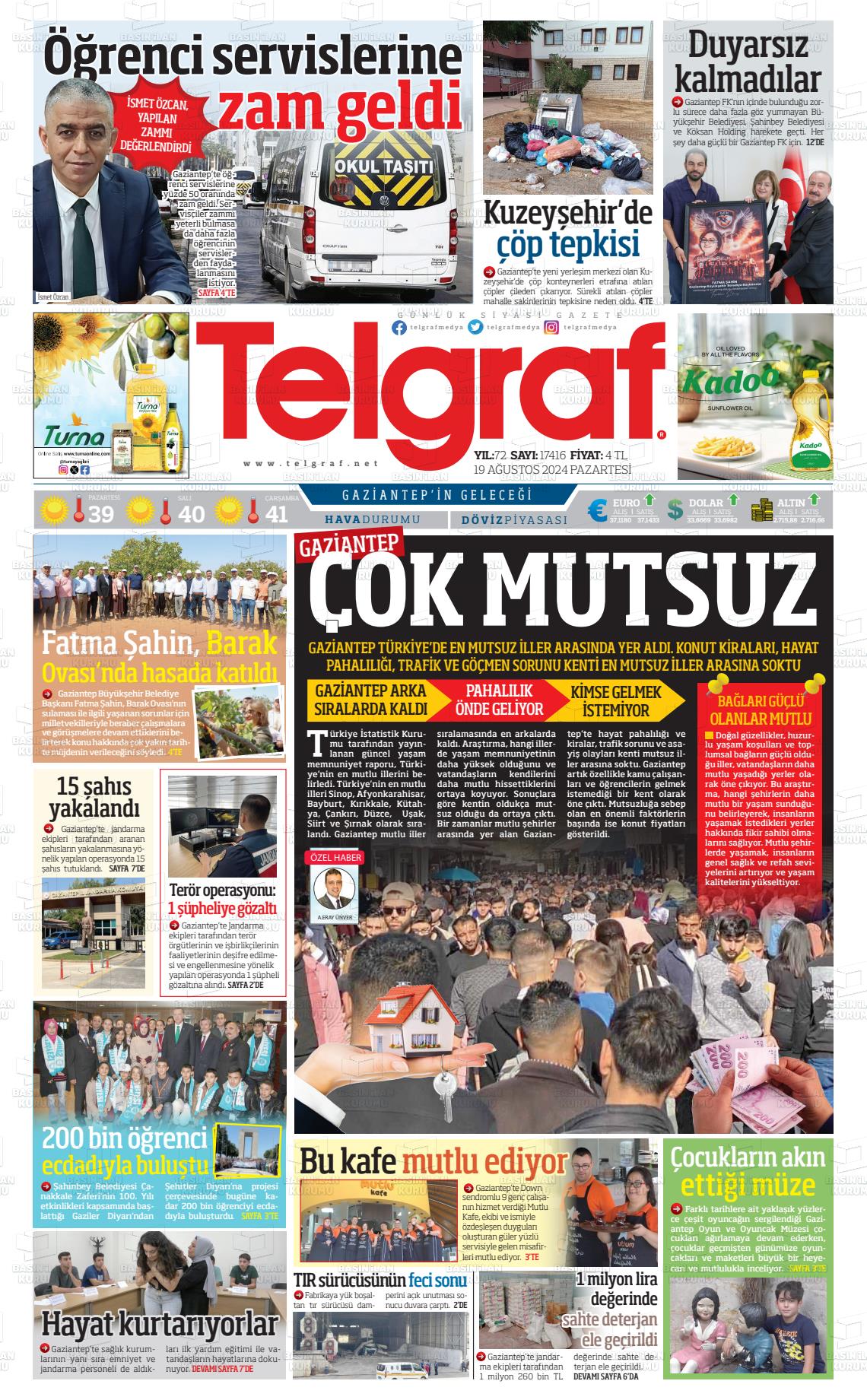 19 Ağustos 2024 Telgraf Gazete Manşeti