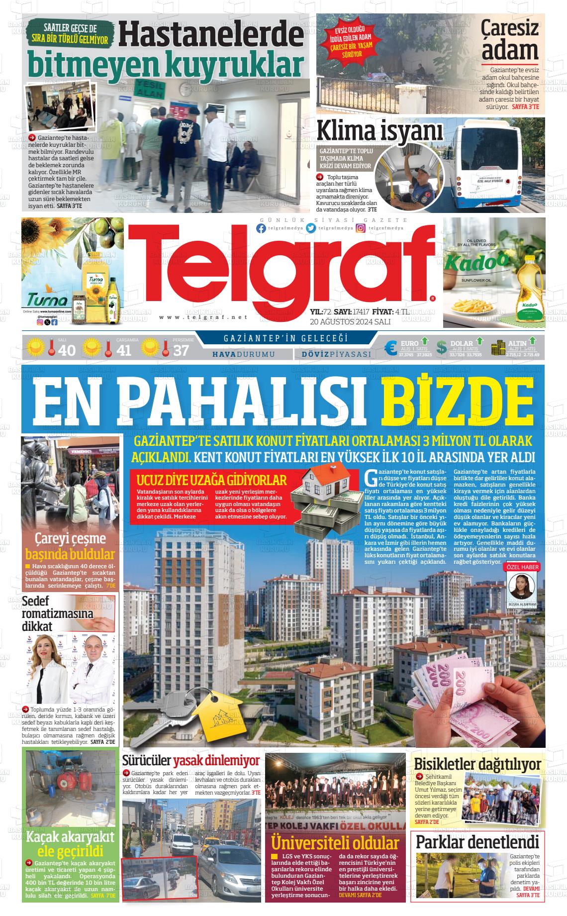 20 Ağustos 2024 Telgraf Gazete Manşeti