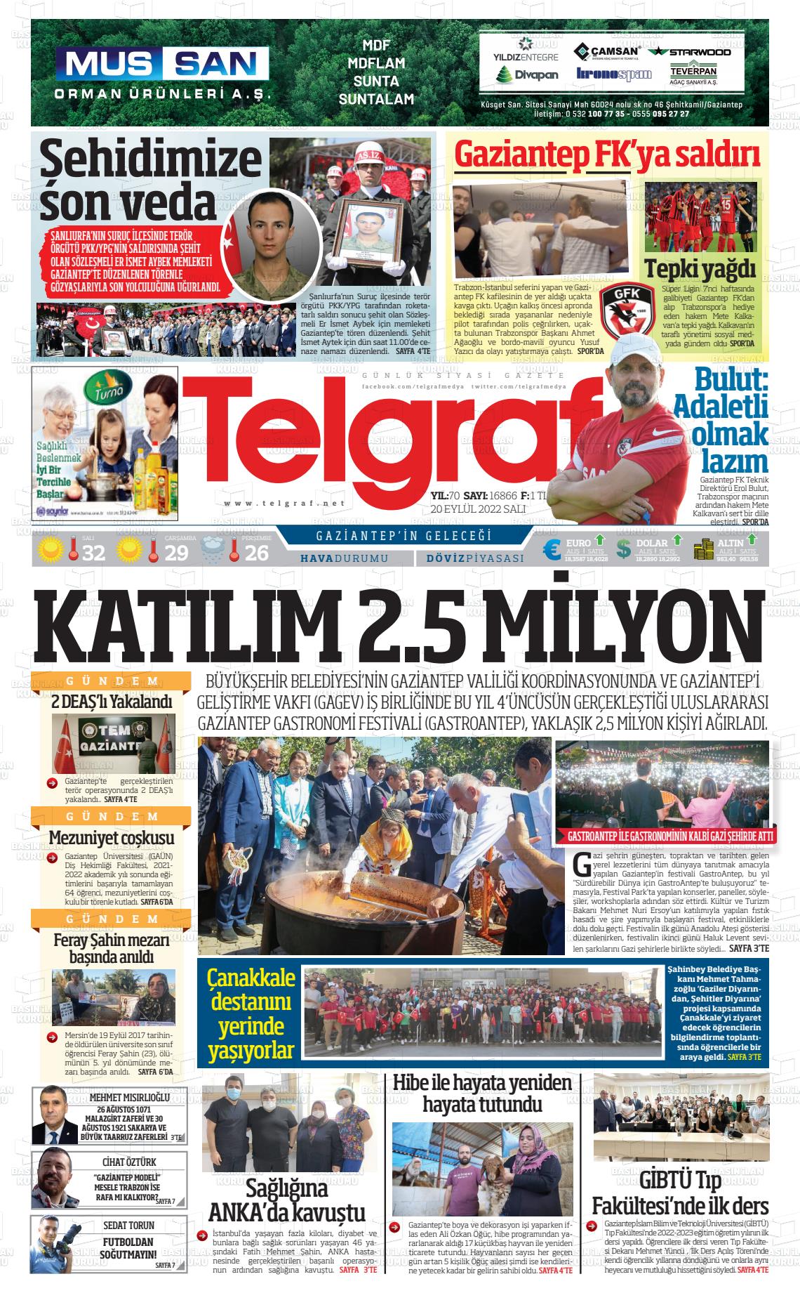 20 Eylül 2022 Telgraf Gazete Manşeti