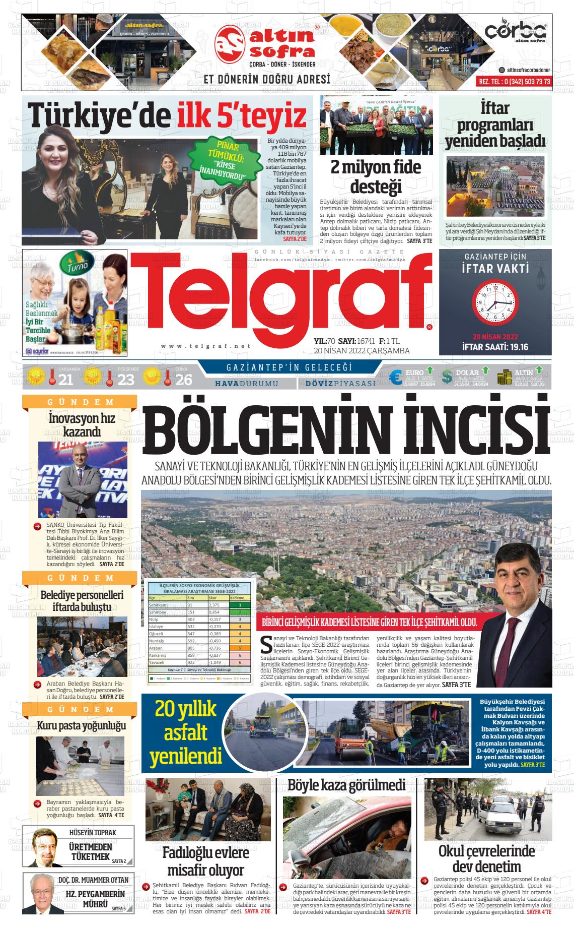 20 Nisan 2022 Telgraf Gazete Manşeti