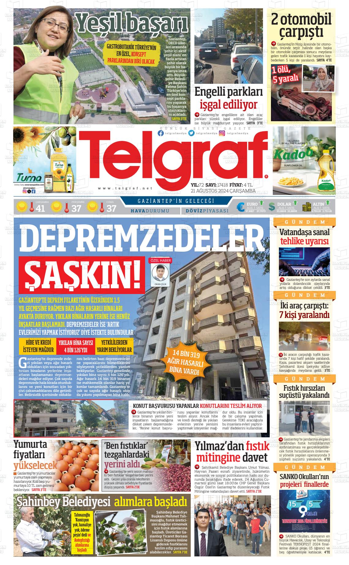 21 Ağustos 2024 Telgraf Gazete Manşeti