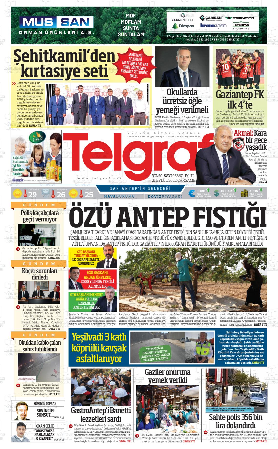 21 Eylül 2022 Telgraf Gazete Manşeti