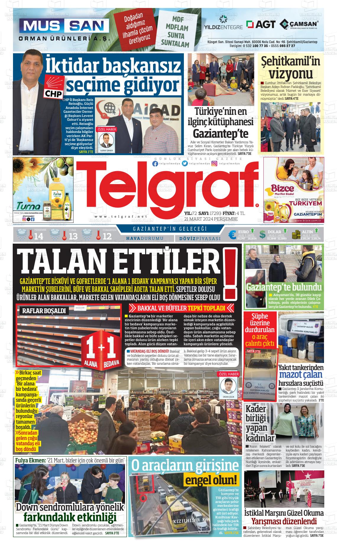 21 Mart 2024 Telgraf Gazete Manşeti