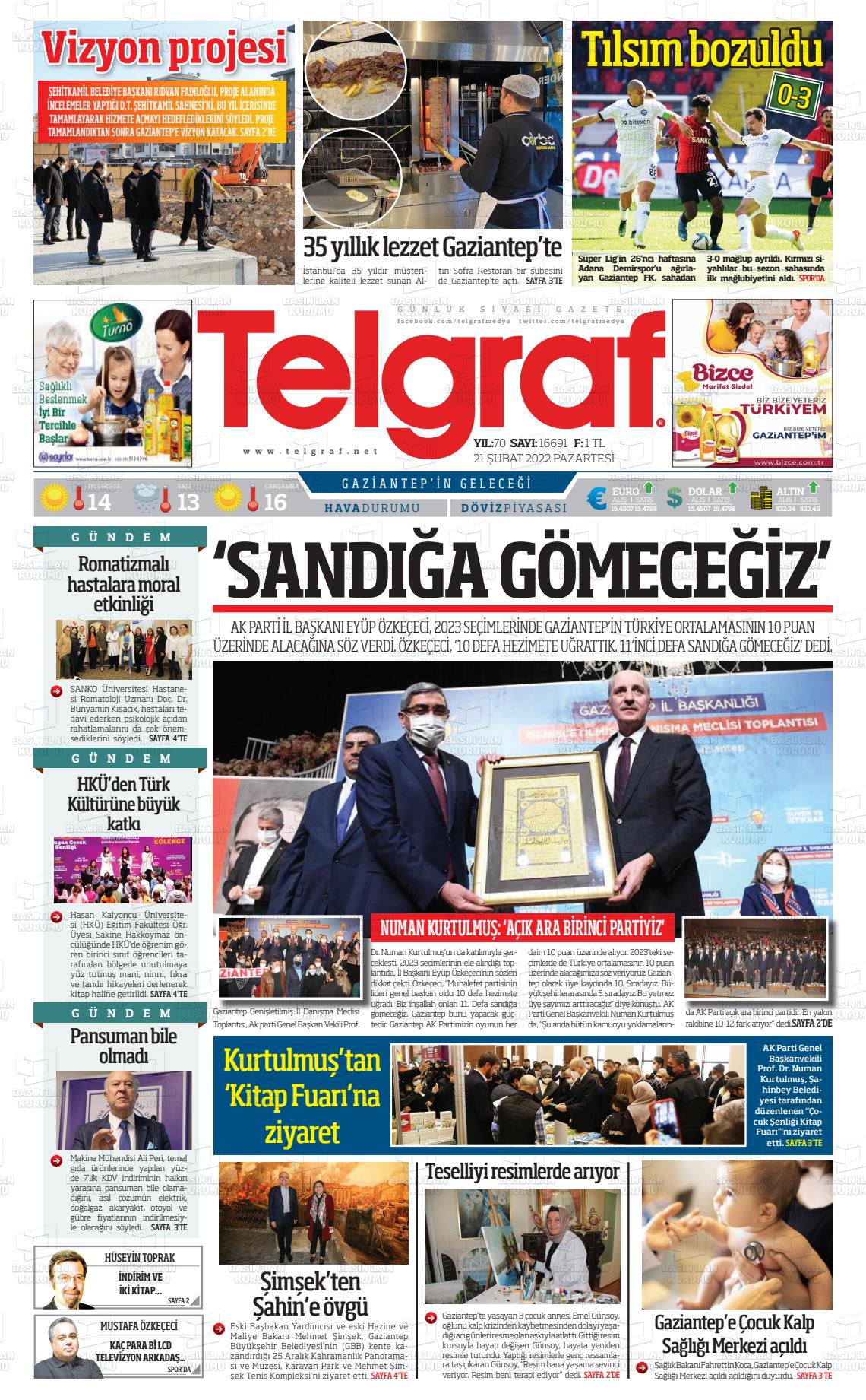 21 Şubat 2022 Telgraf Gazete Manşeti