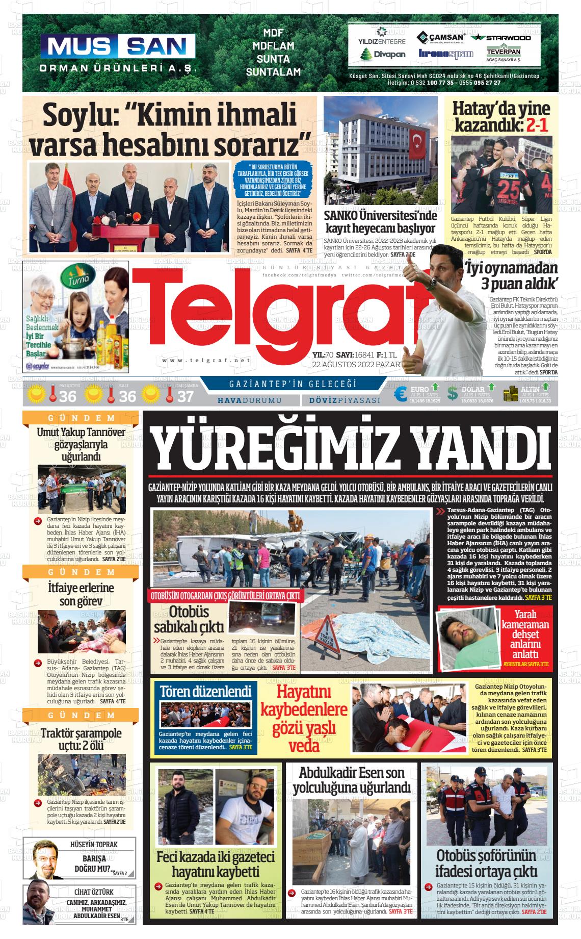 22 Ağustos 2022 Telgraf Gazete Manşeti