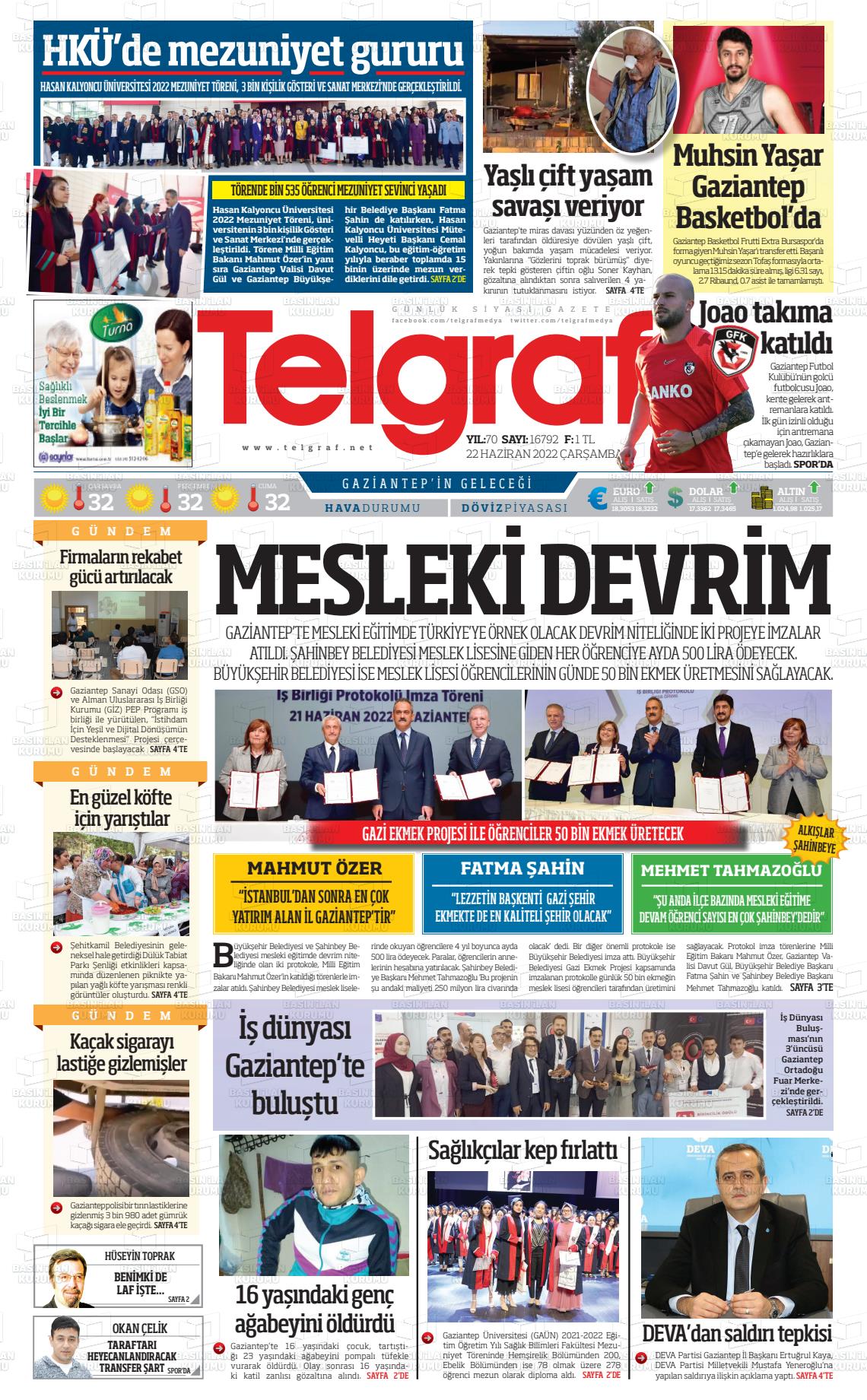 22 Haziran 2022 Telgraf Gazete Manşeti