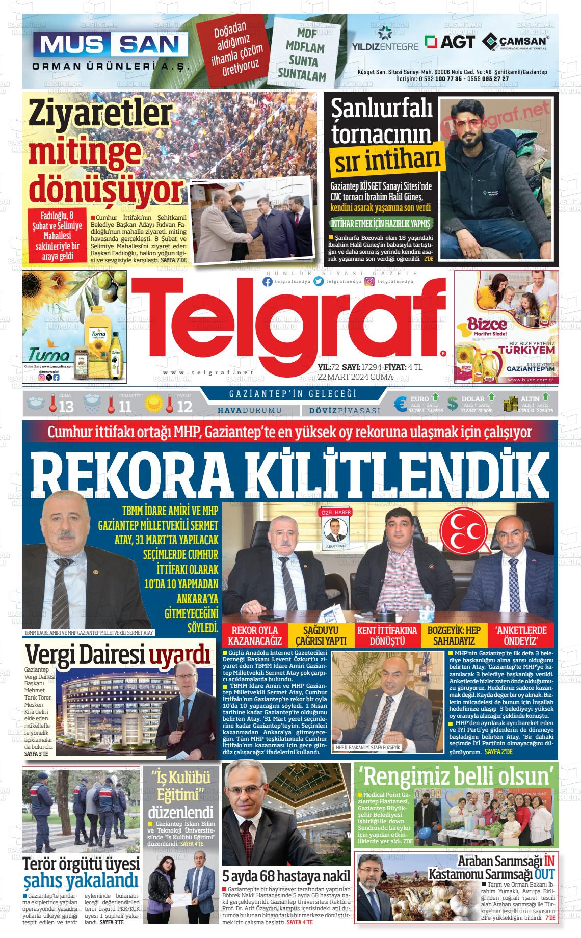 22 Mart 2024 Telgraf Gazete Manşeti