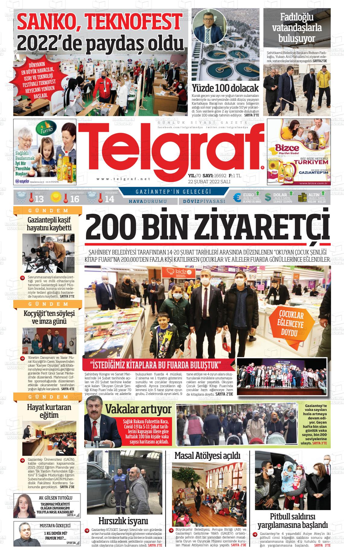 22 Şubat 2022 Telgraf Gazete Manşeti