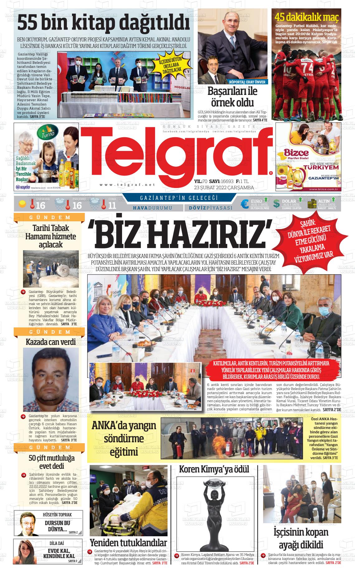 23 Şubat 2022 Telgraf Gazete Manşeti