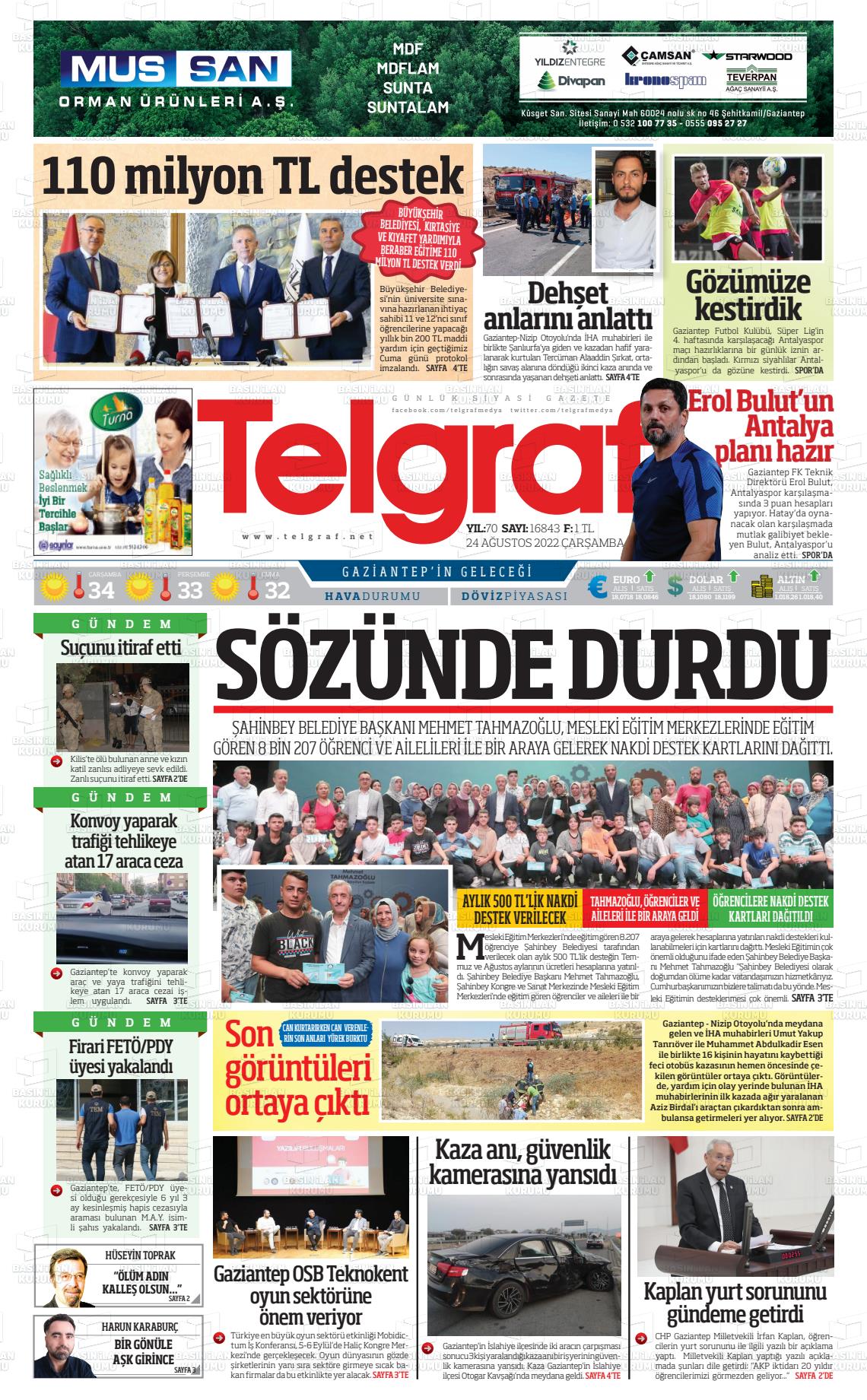 24 Ağustos 2022 Telgraf Gazete Manşeti