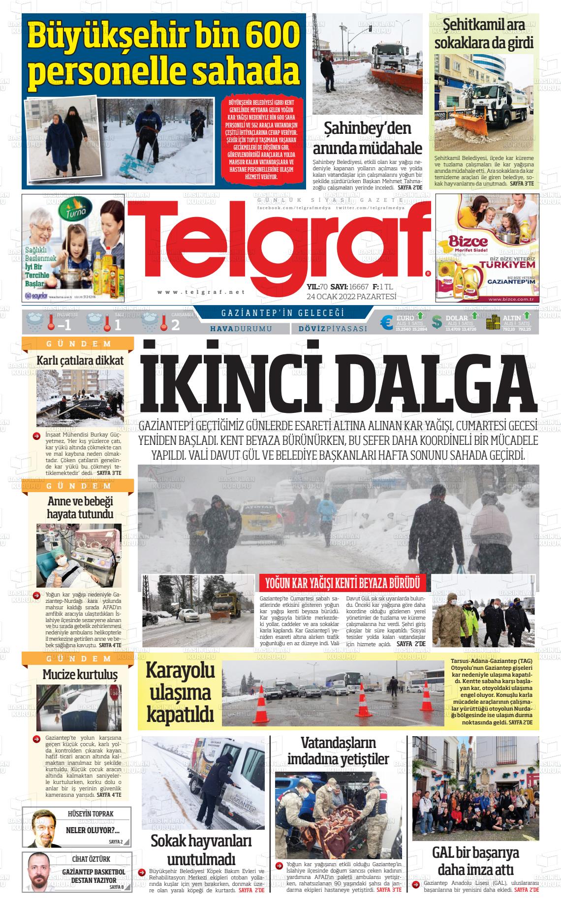 24 Ocak 2022 Telgraf Gazete Manşeti