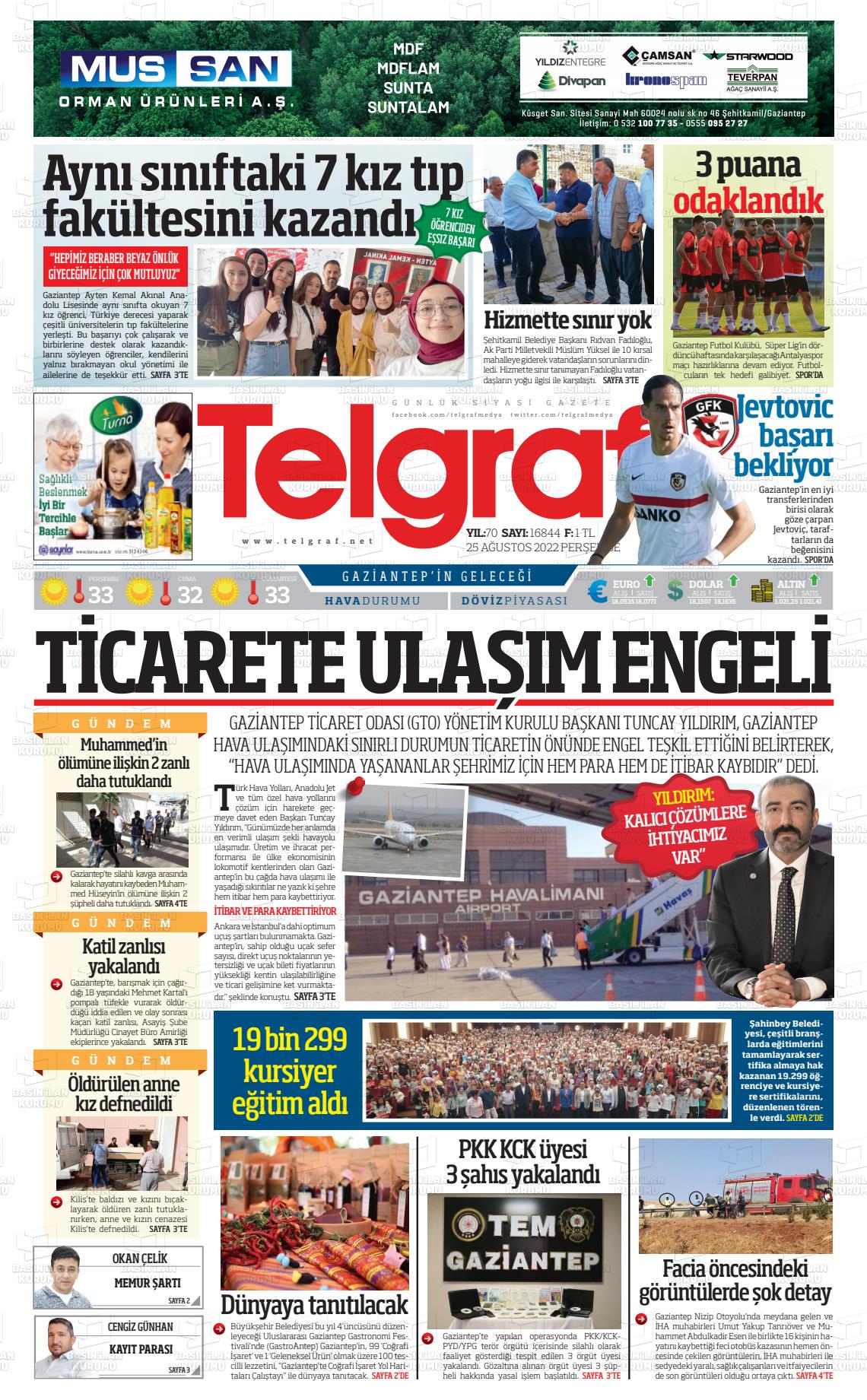 25 Ağustos 2022 Telgraf Gazete Manşeti