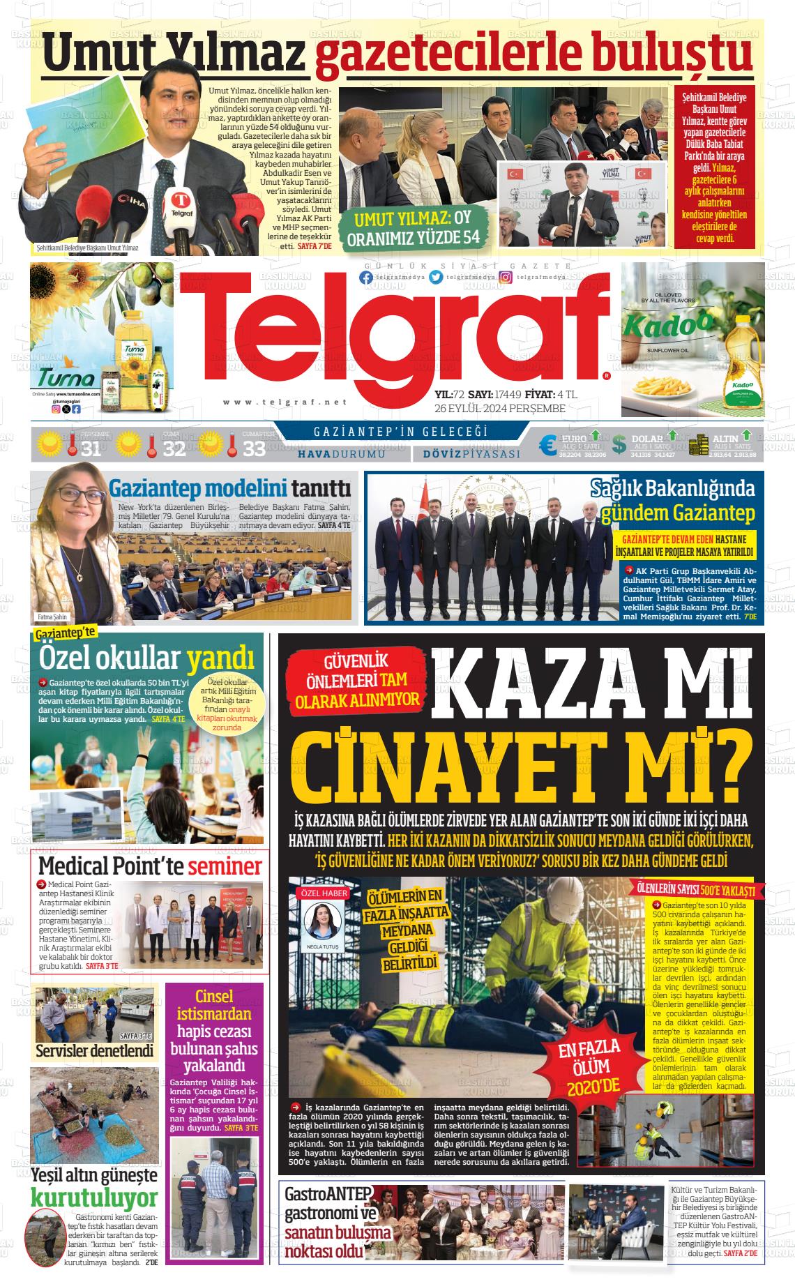 26 Eylül 2024 Telgraf Gazete Manşeti