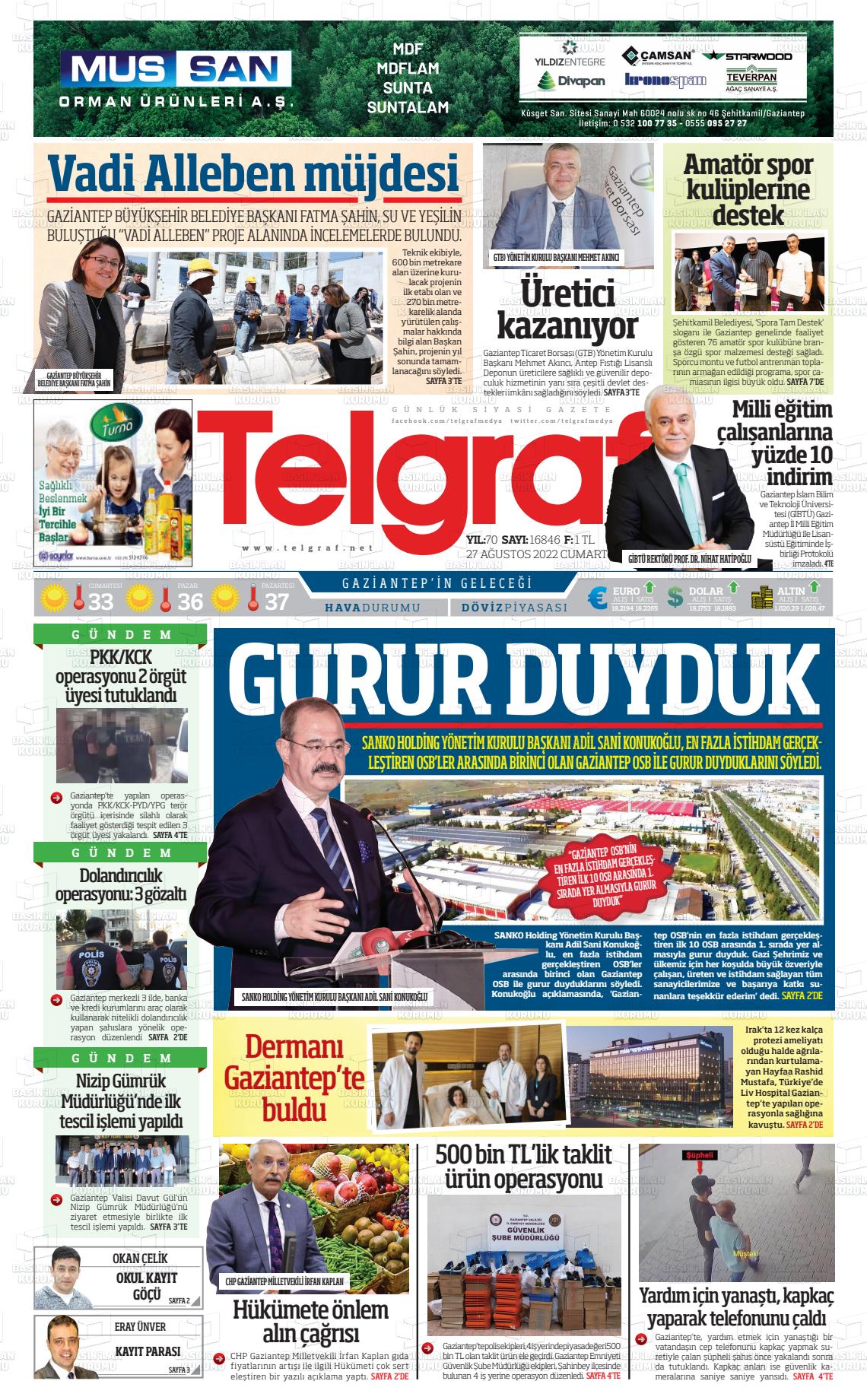 27 Ağustos 2022 Telgraf Gazete Manşeti