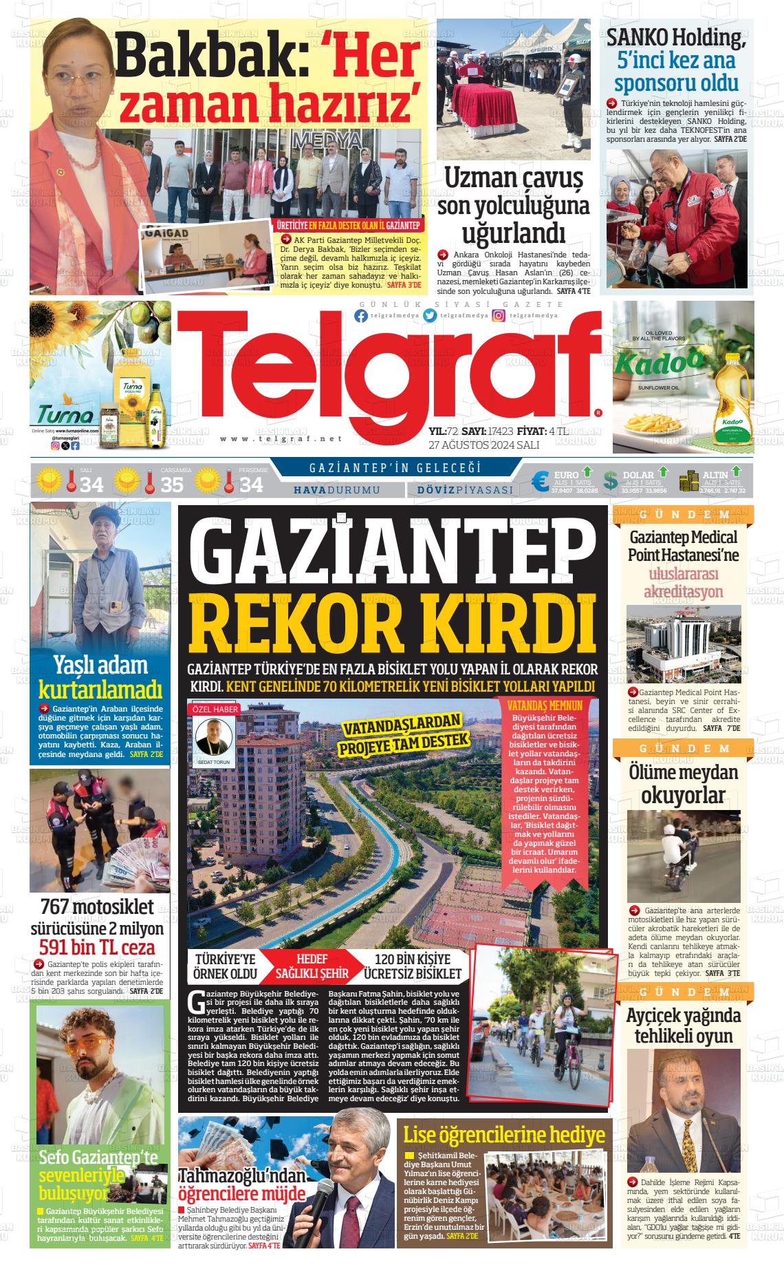 27 Ağustos 2024 Telgraf Gazete Manşeti