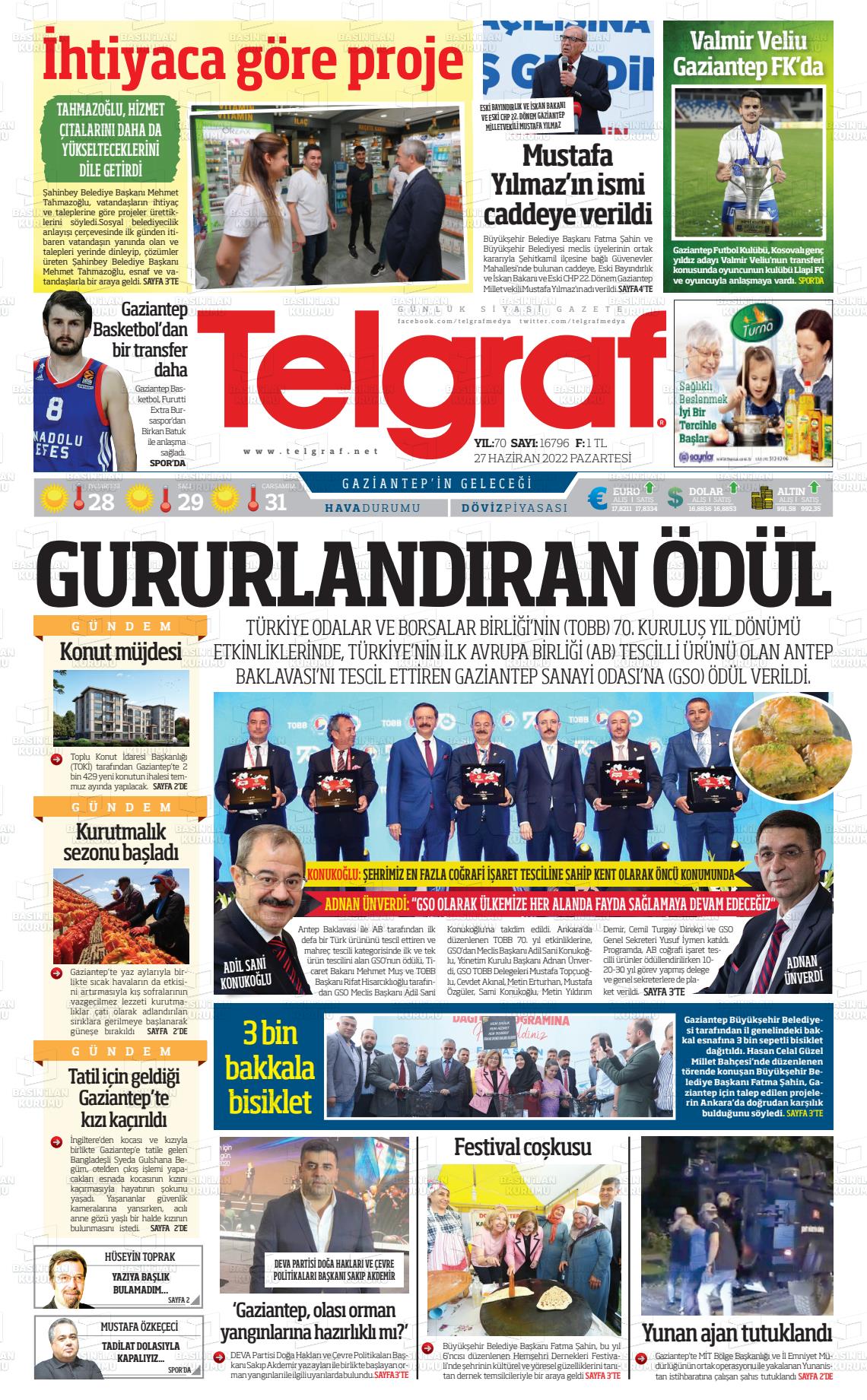 27 Haziran 2022 Telgraf Gazete Manşeti