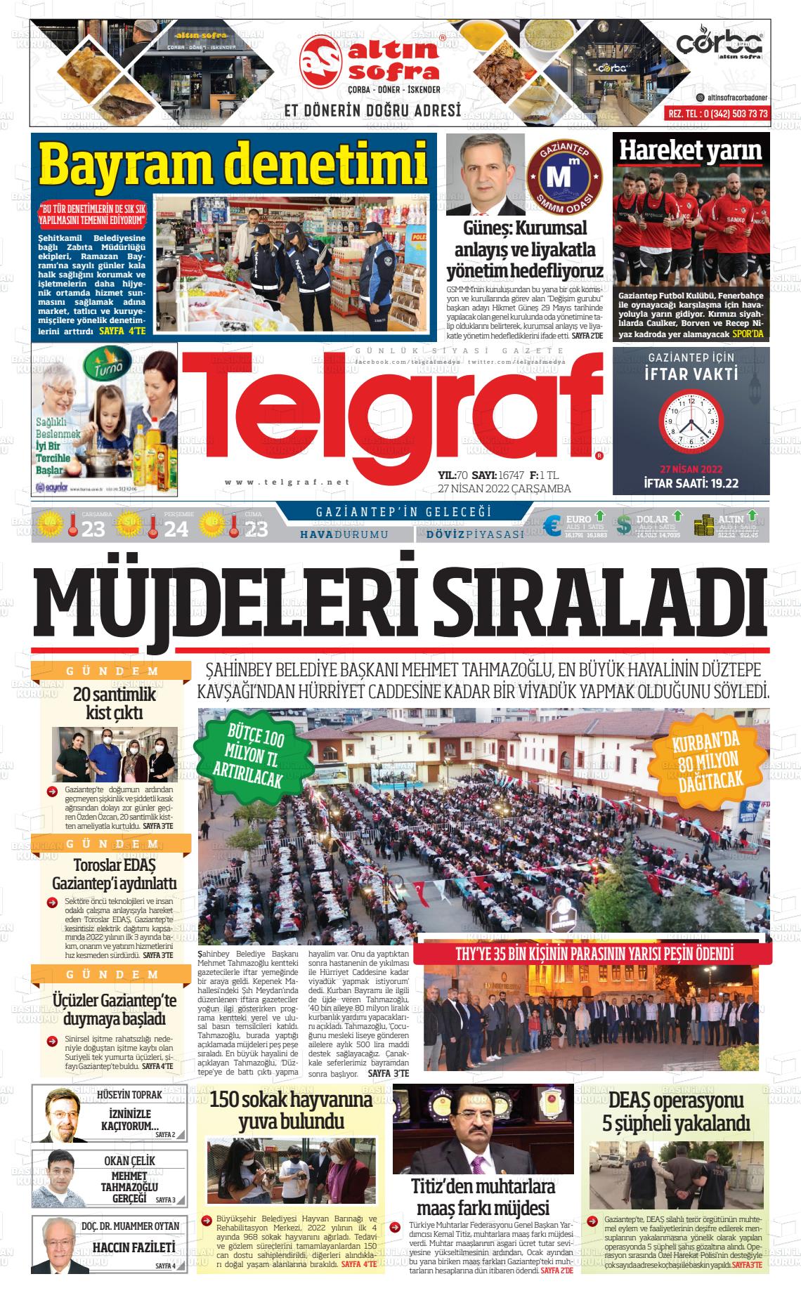 27 Nisan 2022 Telgraf Gazete Manşeti