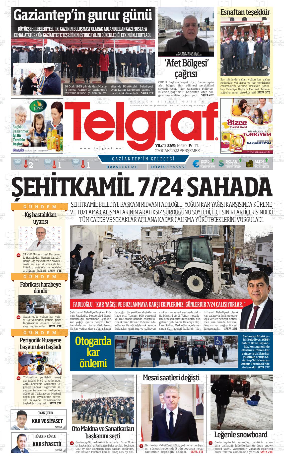 27 Ocak 2022 Telgraf Gazete Manşeti