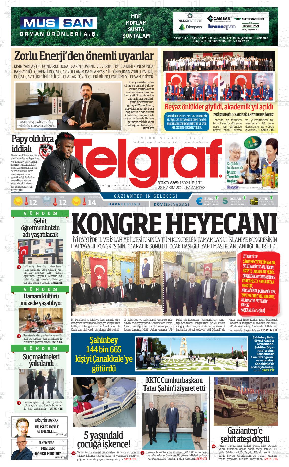 28 Kasım 2022 Telgraf Gazete Manşeti