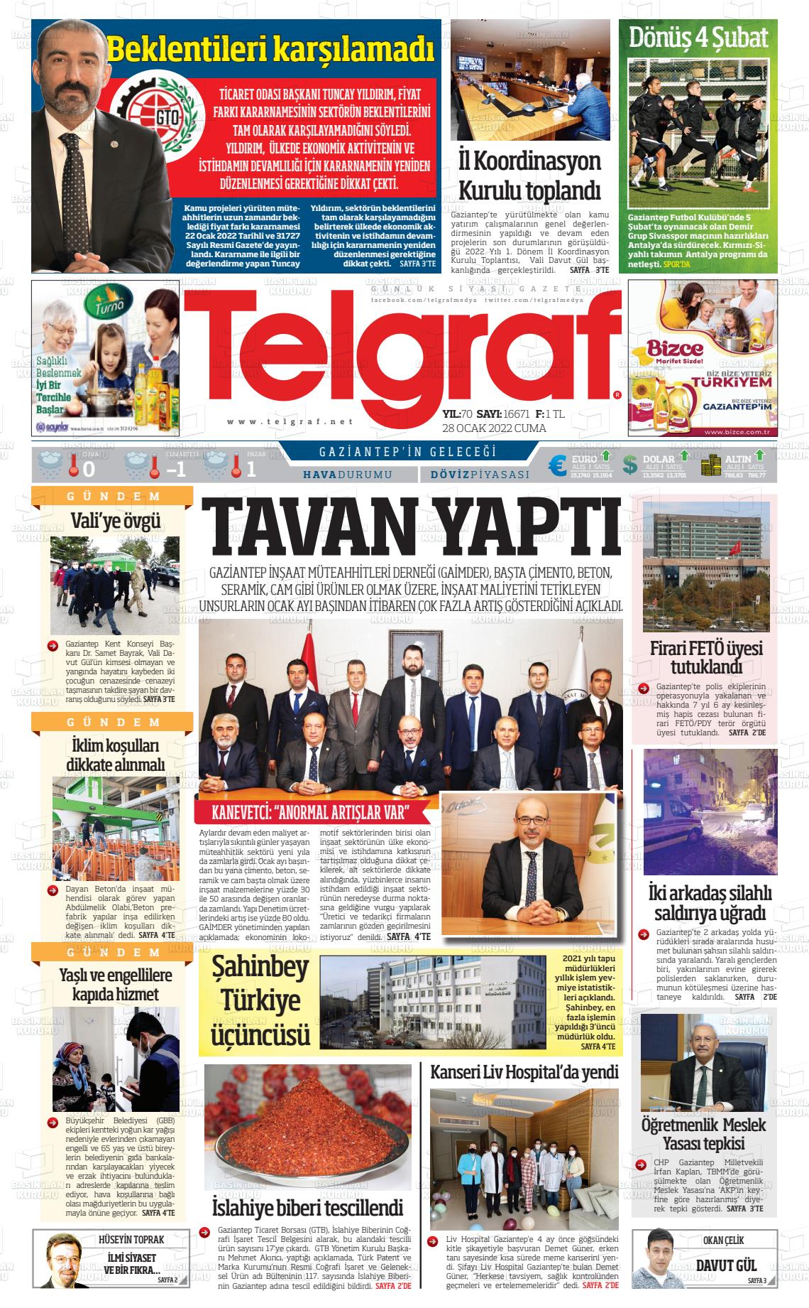 28 Ocak 2022 Telgraf Gazete Manşeti