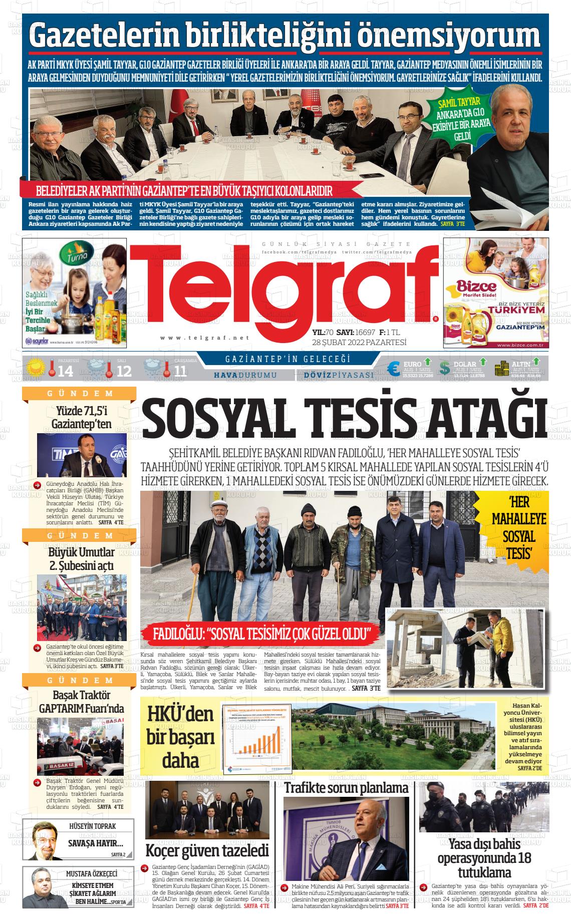 28 Şubat 2022 Telgraf Gazete Manşeti