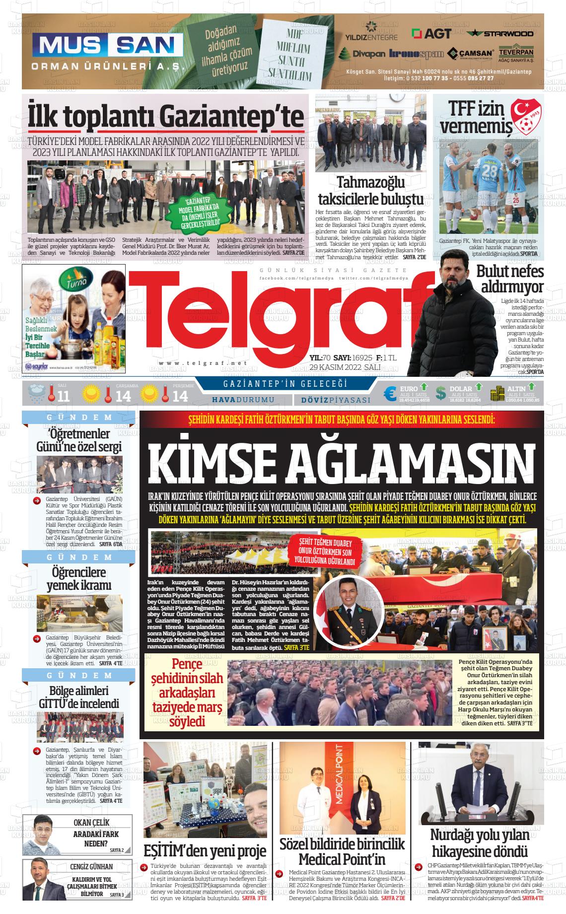 29 Kasım 2022 Telgraf Gazete Manşeti