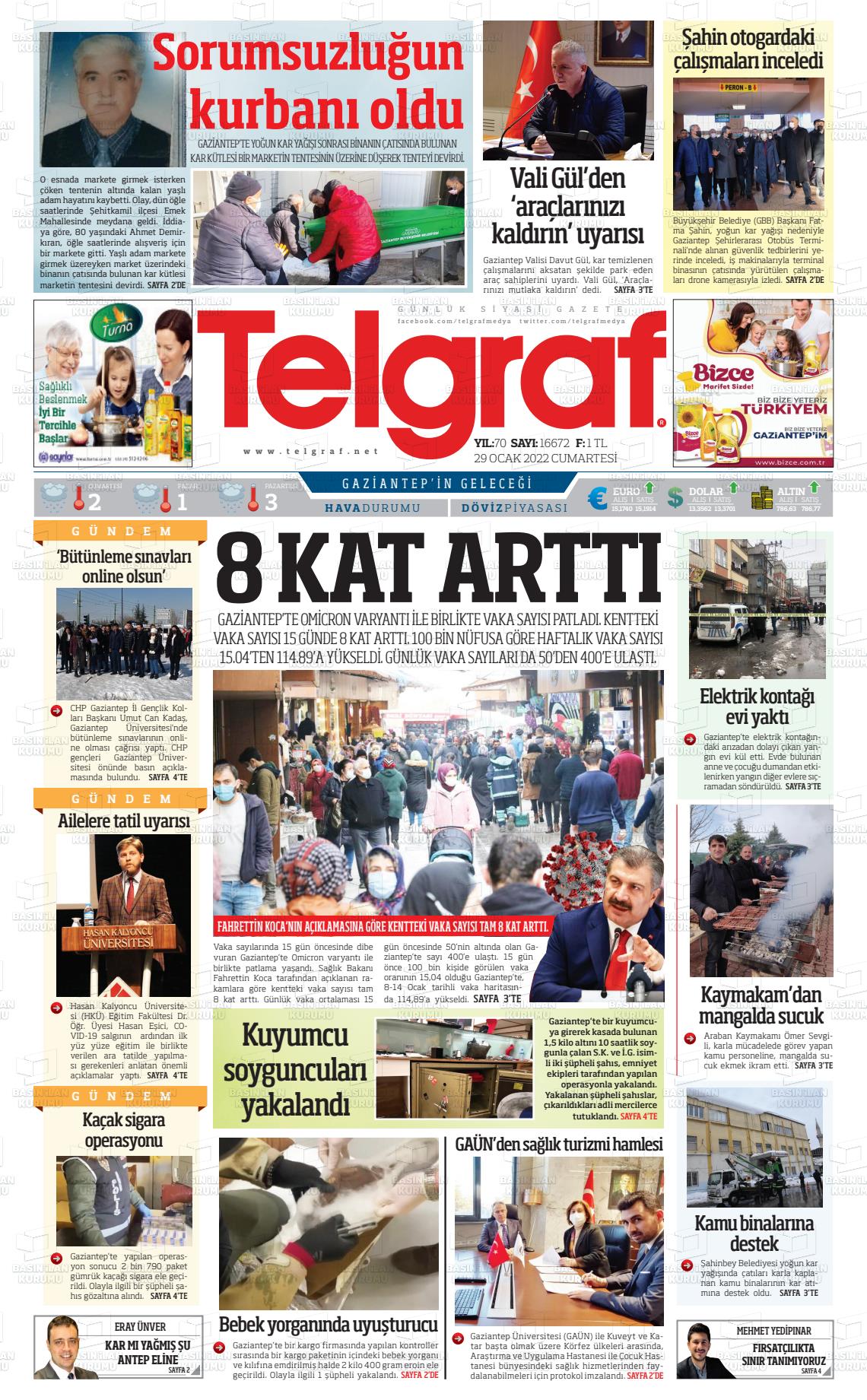 29 Ocak 2022 Telgraf Gazete Manşeti