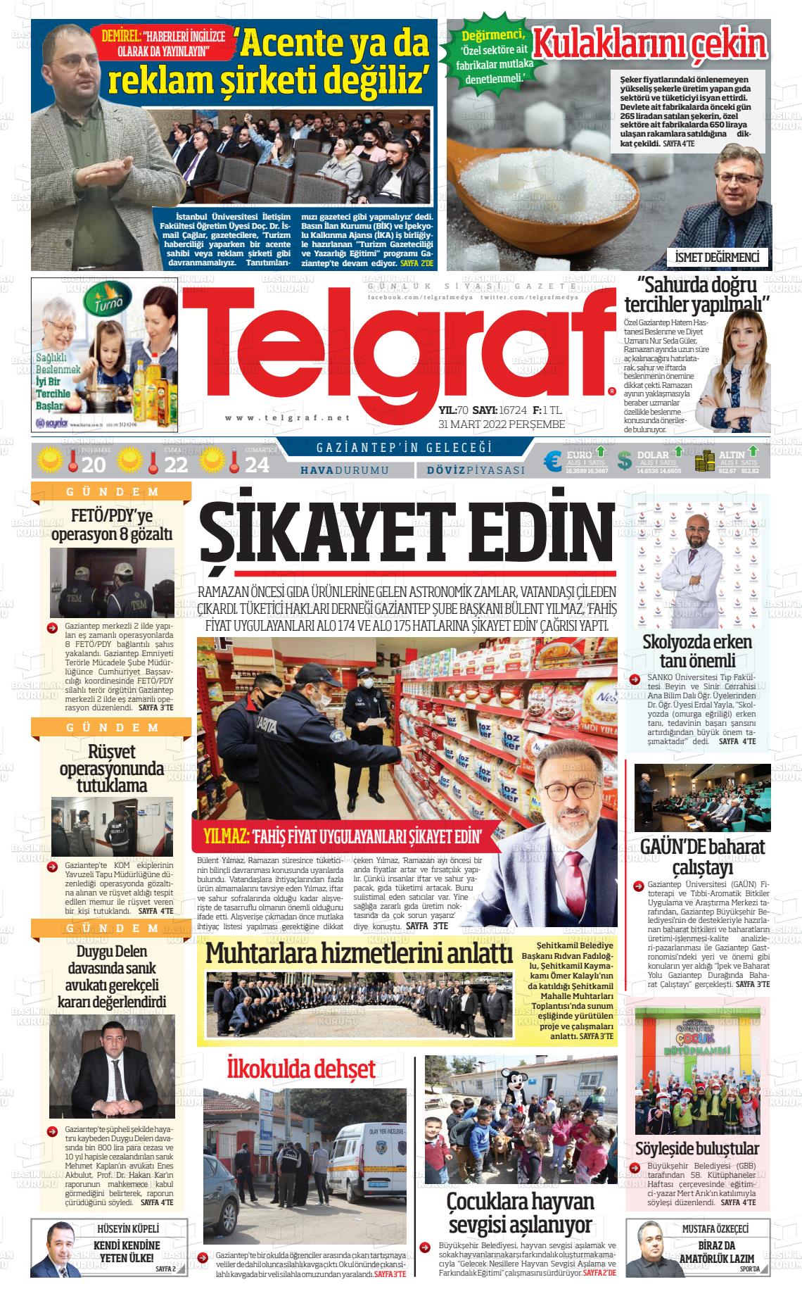 31 Mart 2022 Telgraf Gazete Manşeti