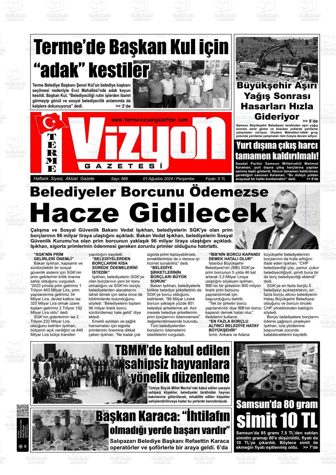 01 Ağustos 2024 Terme Vizyon Gazete Manşeti