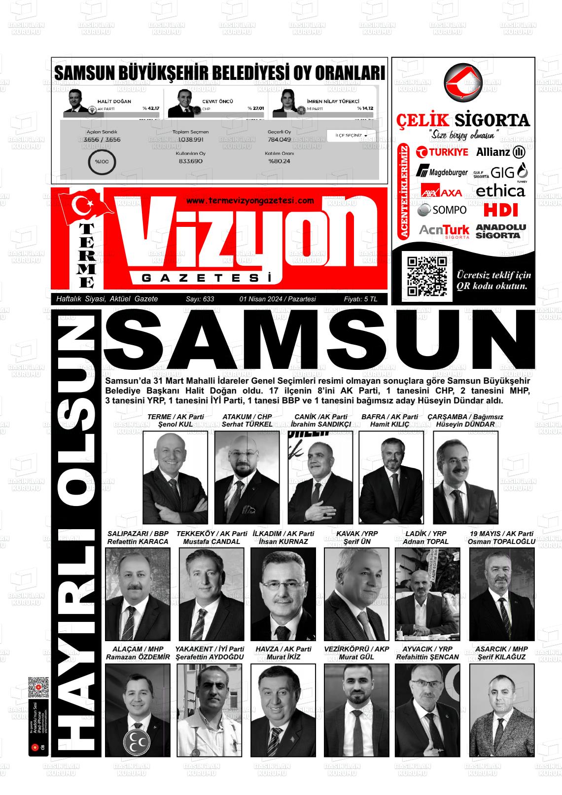 01 Nisan 2024 Terme Vizyon Gazete Manşeti