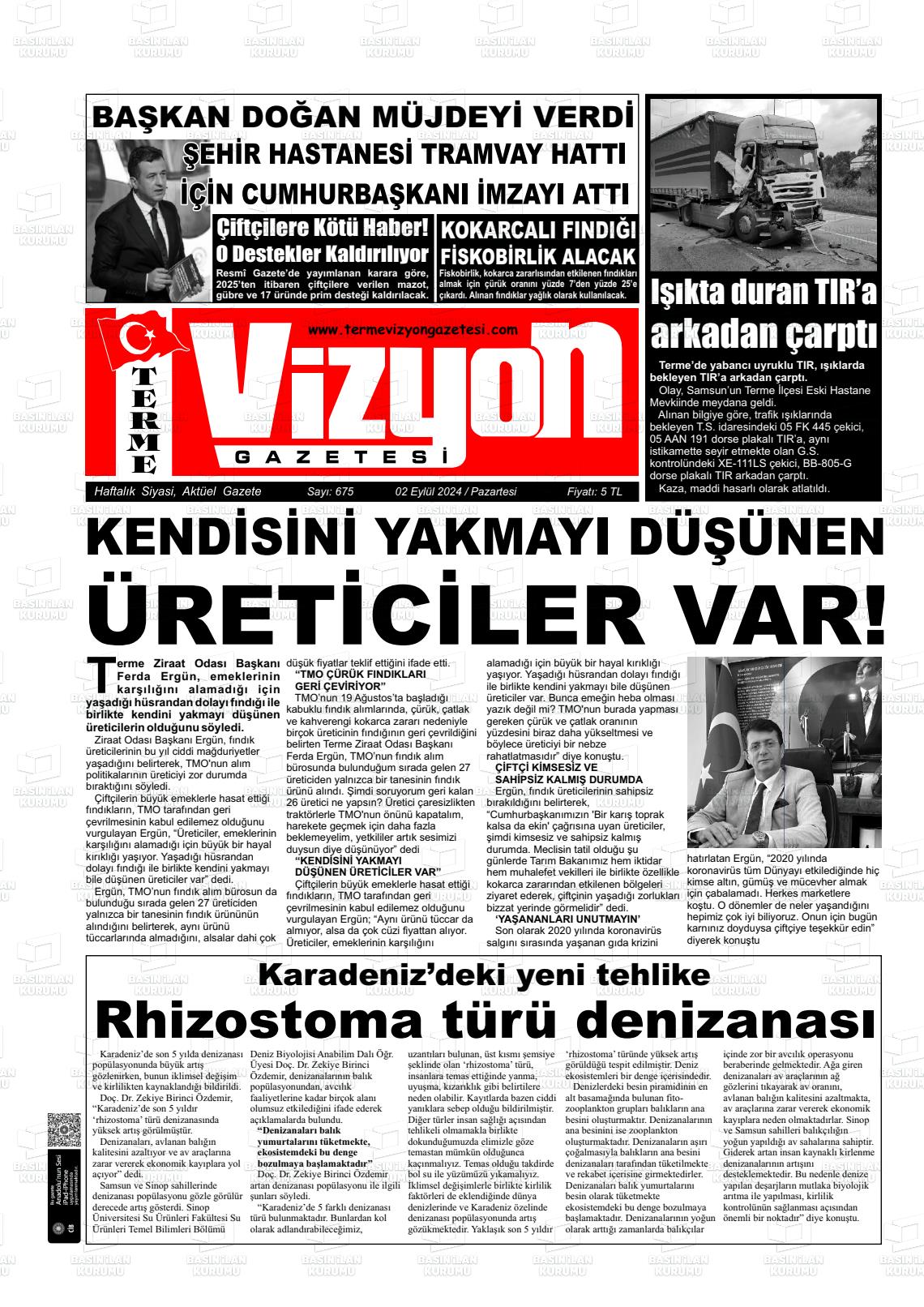 02 Eylül 2024 Terme Vizyon Gazete Manşeti