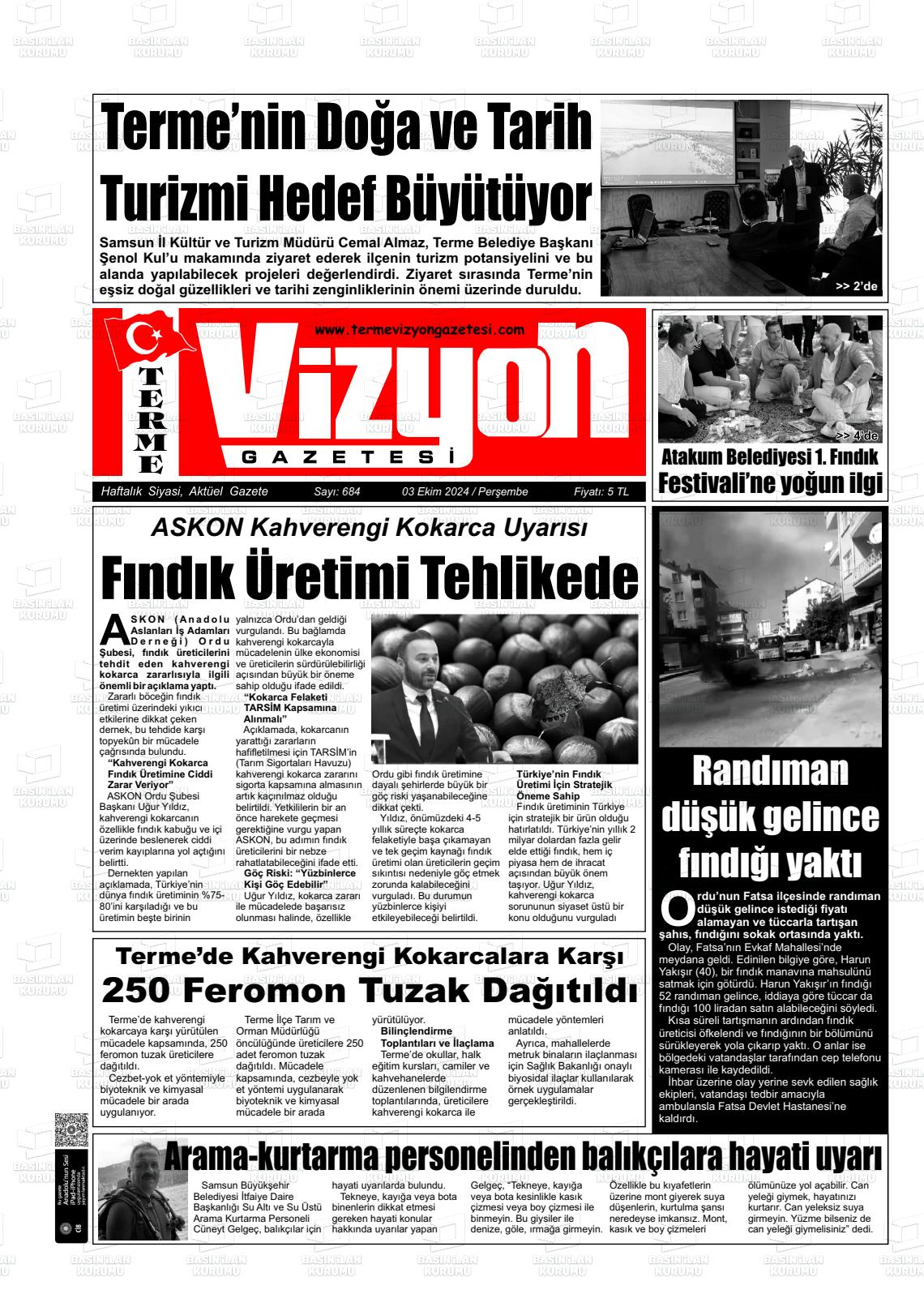 03 Ekim 2024 Terme Vizyon Gazete Manşeti