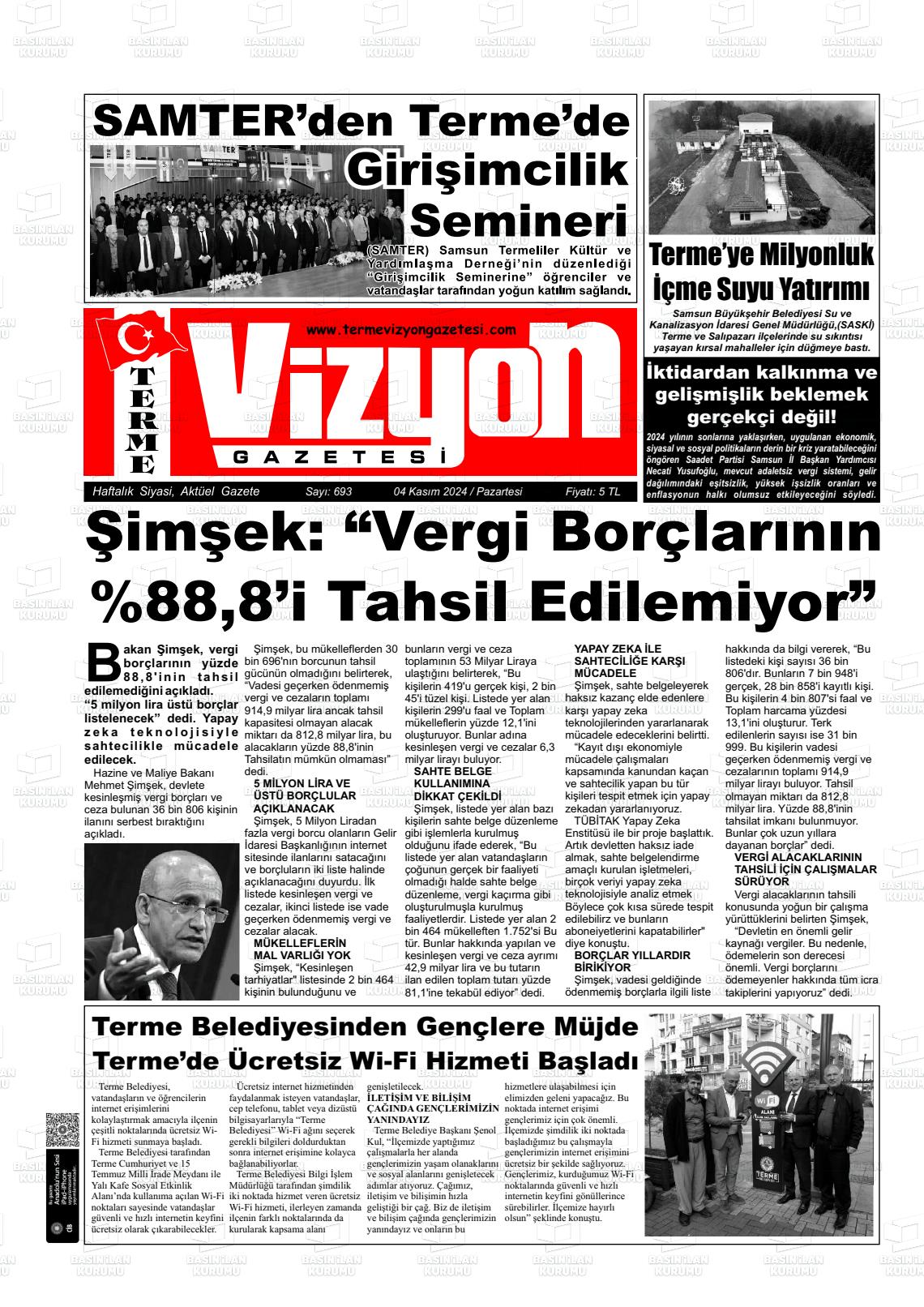 04 Kasım 2024 Terme Vizyon Gazete Manşeti