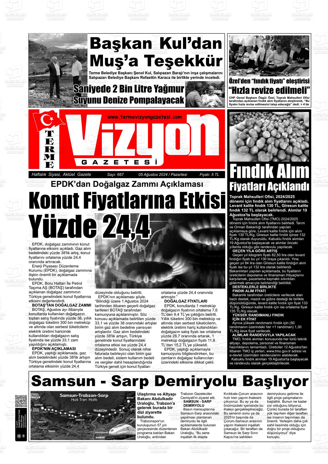 05 Ağustos 2024 Terme Vizyon Gazete Manşeti