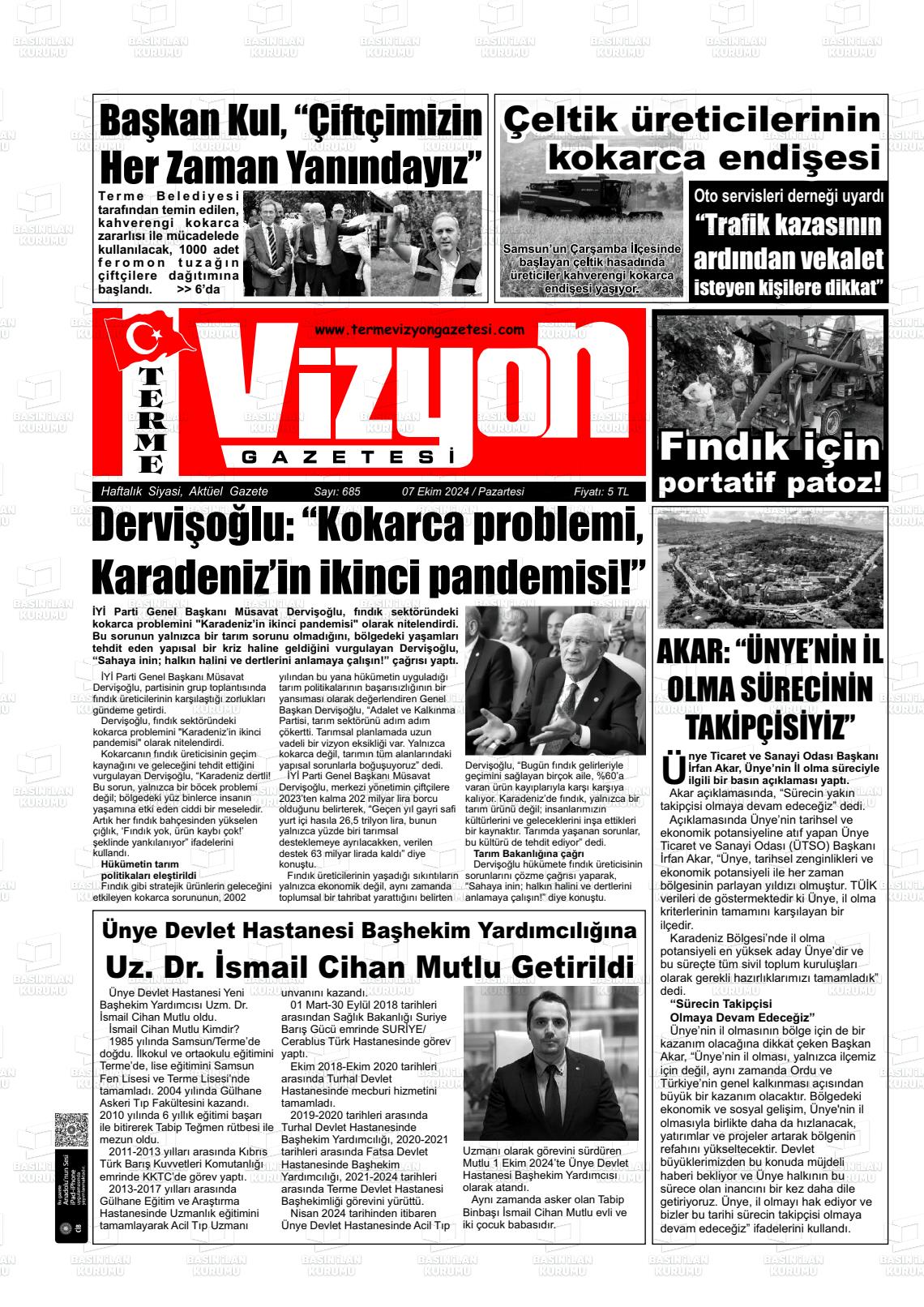 07 Ekim 2024 Terme Vizyon Gazete Manşeti