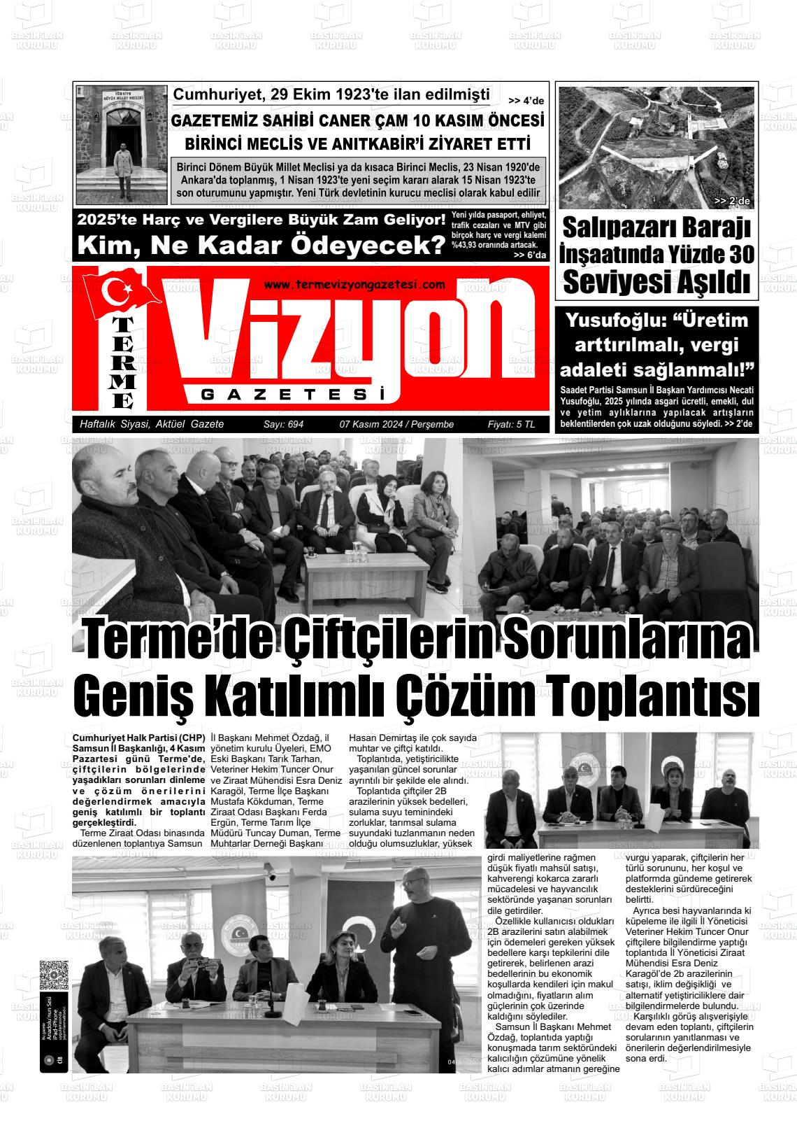 07 Kasım 2024 Terme Vizyon Gazete Manşeti