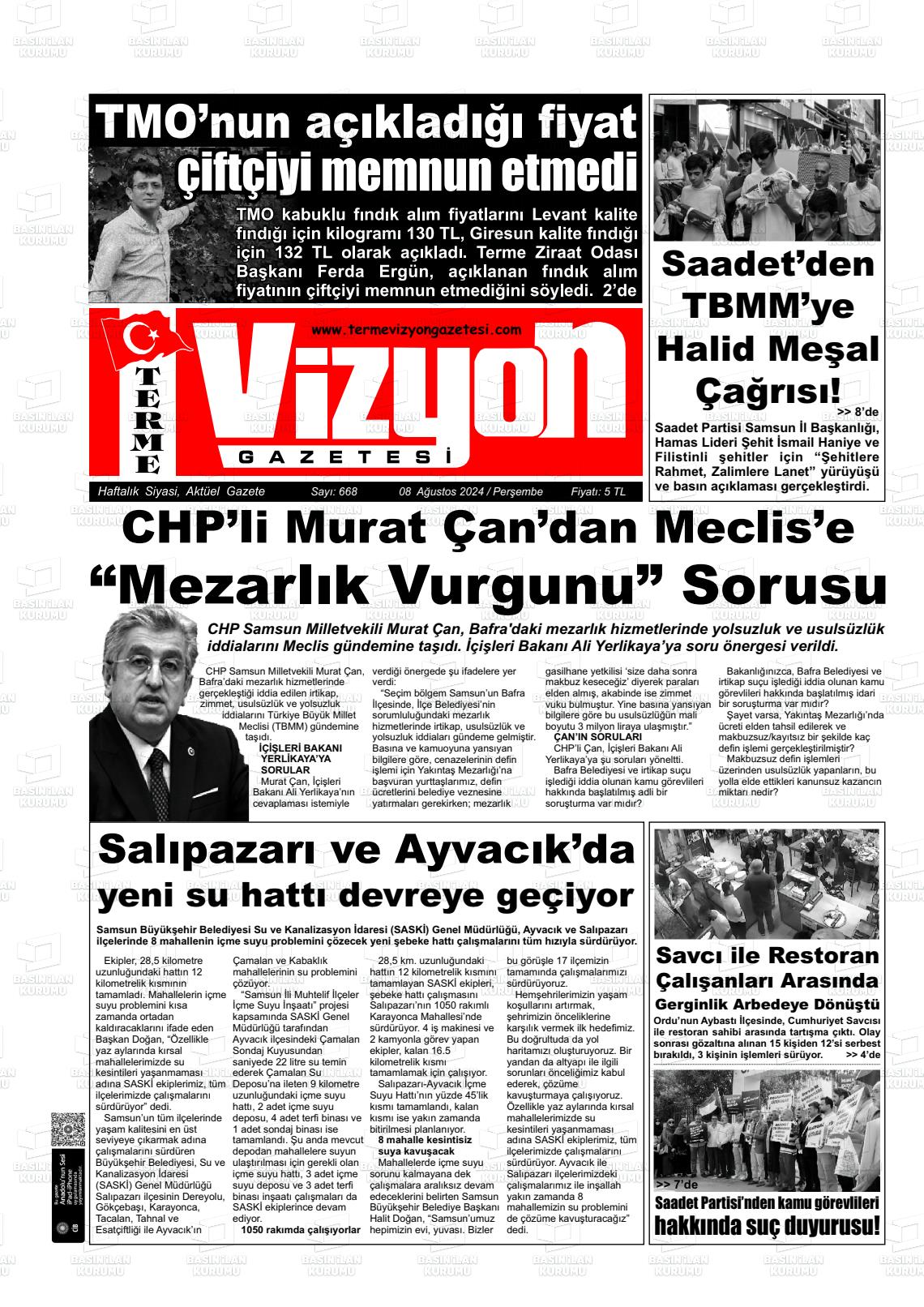 08 Ağustos 2024 Terme Vizyon Gazete Manşeti