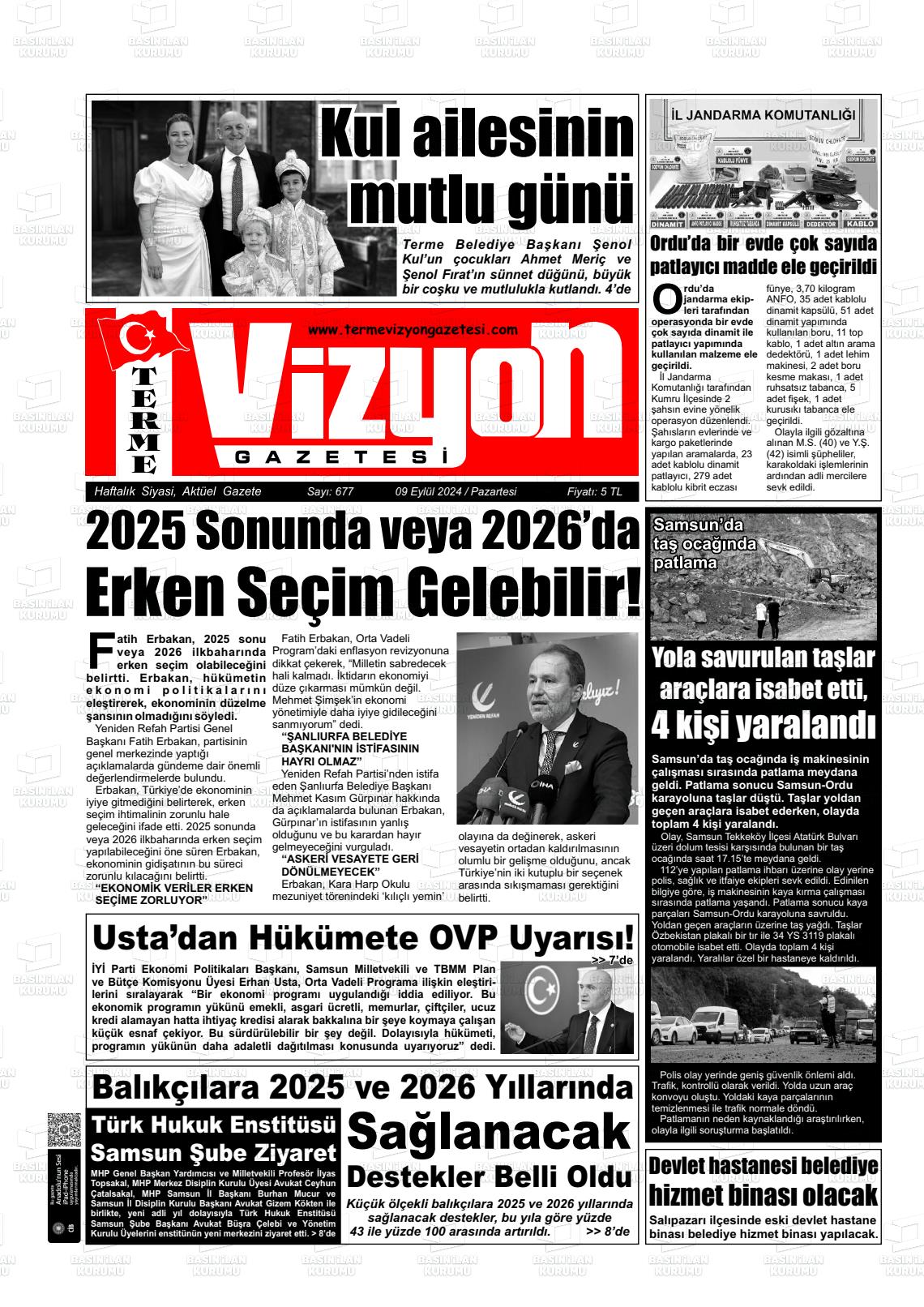 09 Eylül 2024 Terme Vizyon Gazete Manşeti