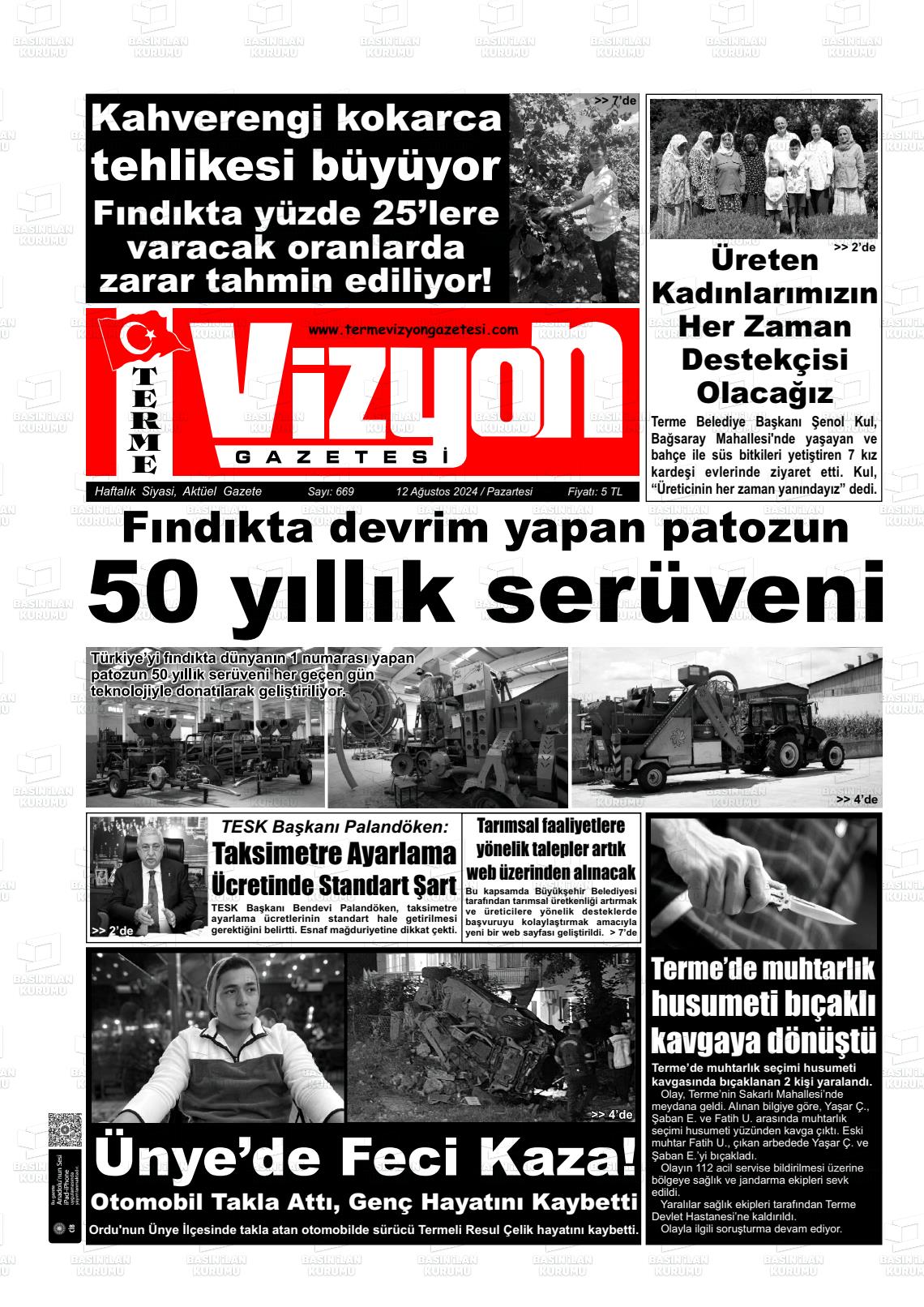 12 Ağustos 2024 Terme Vizyon Gazete Manşeti