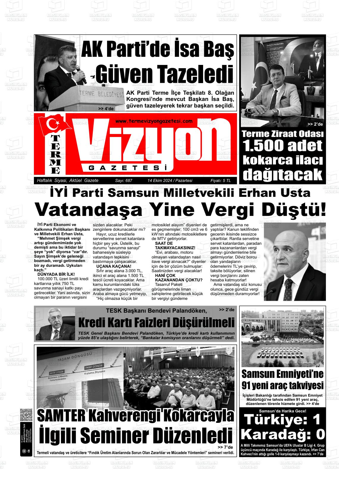 14 Ekim 2024 Terme Vizyon Gazete Manşeti