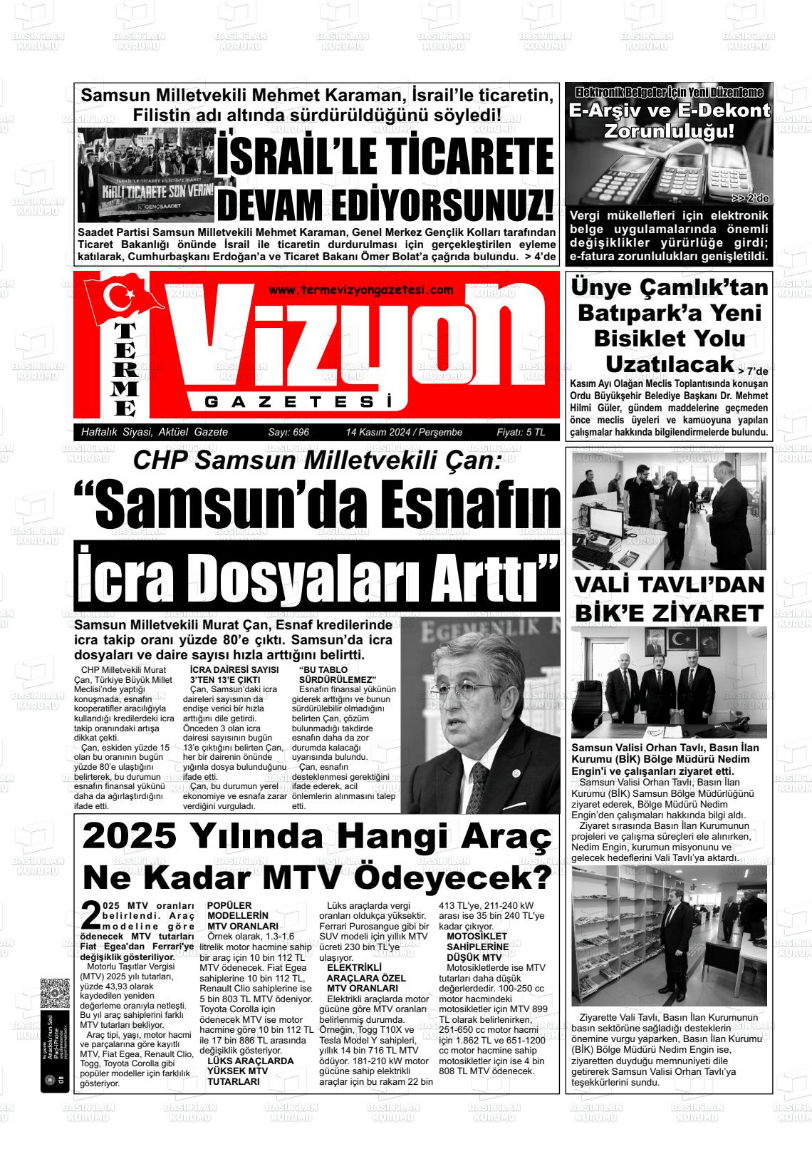 14 Kasım 2024 Terme Vizyon Gazete Manşeti