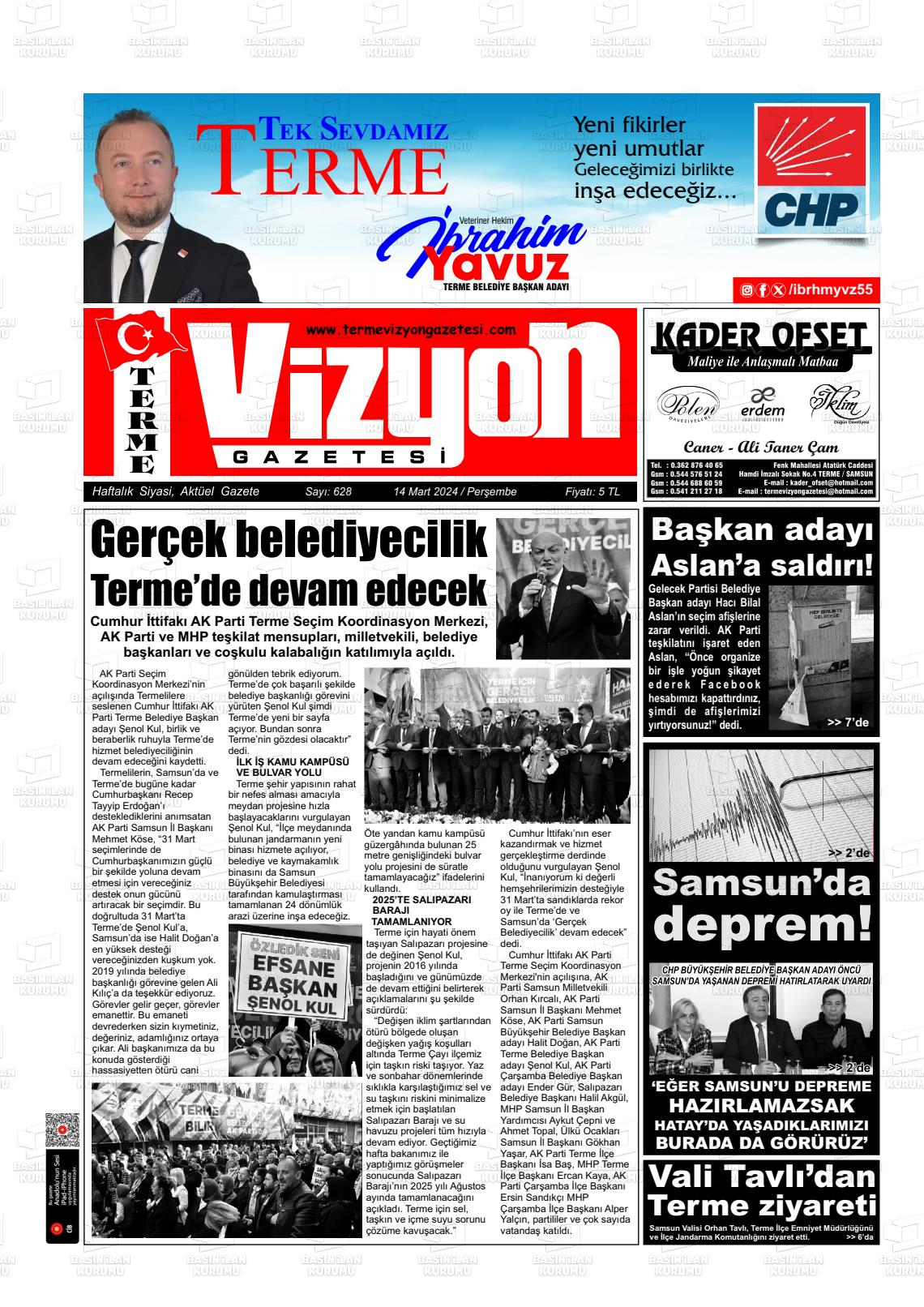 14 Mart 2024 Terme Vizyon Gazete Manşeti