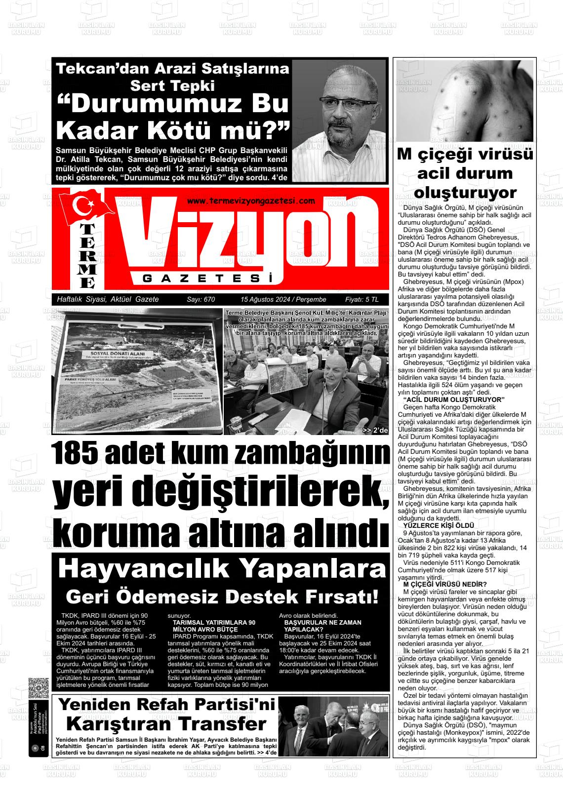 15 Ağustos 2024 Terme Vizyon Gazete Manşeti