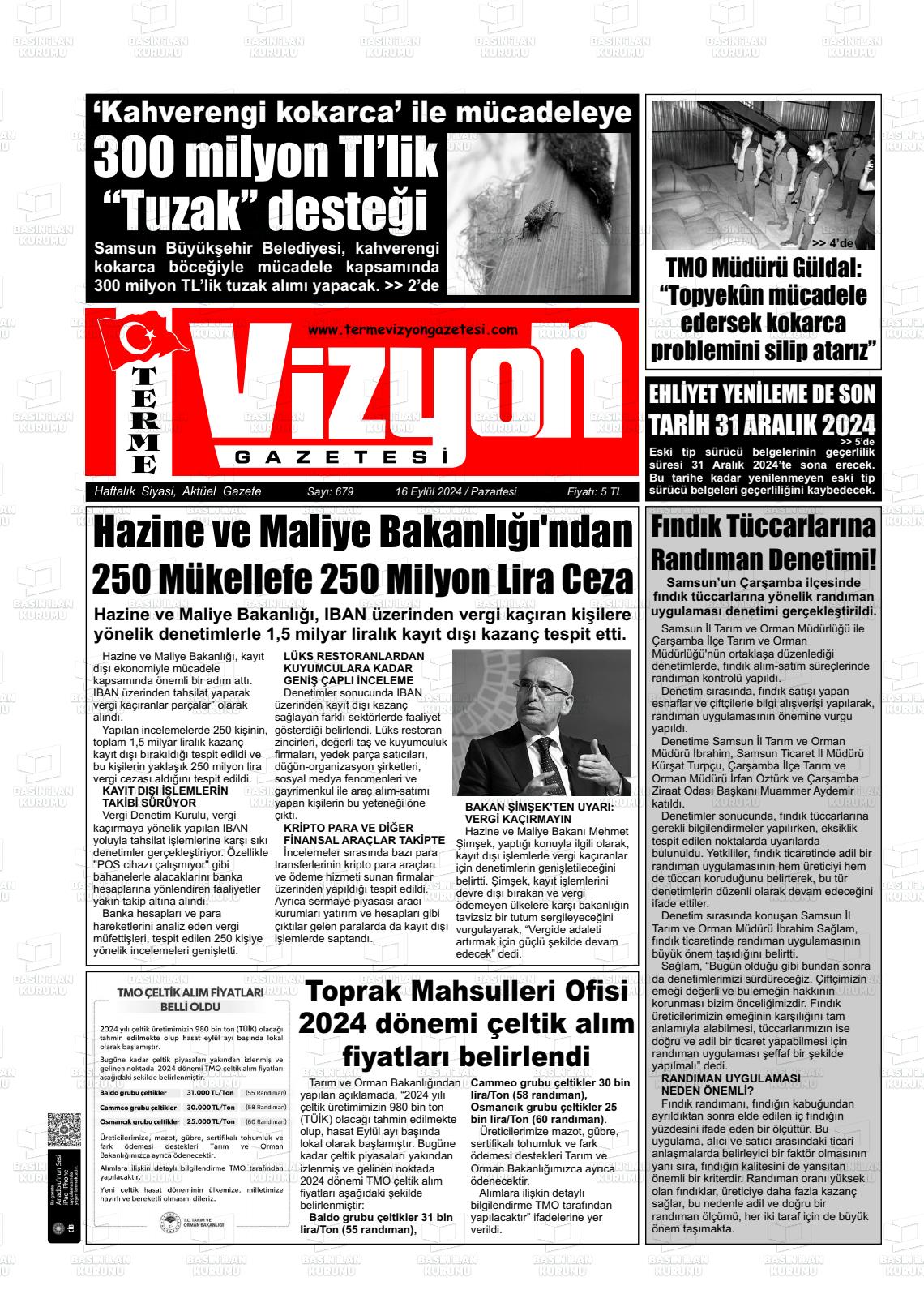 16 Eylül 2024 Terme Vizyon Gazete Manşeti